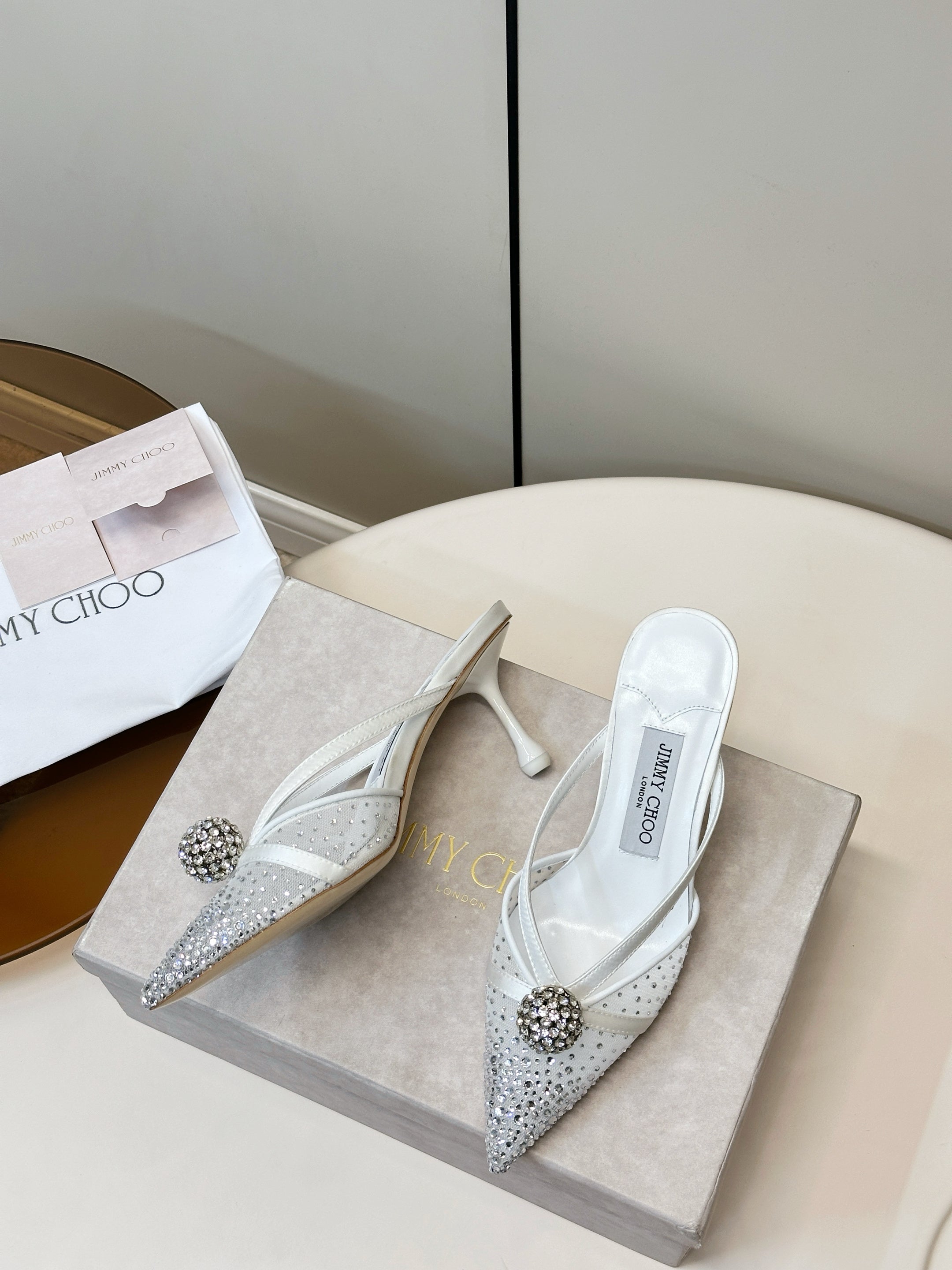 JIMMY CHOO 26S HEELED MULES 80 MM IN WHITE CRYSTAL EMBELLISHMENT