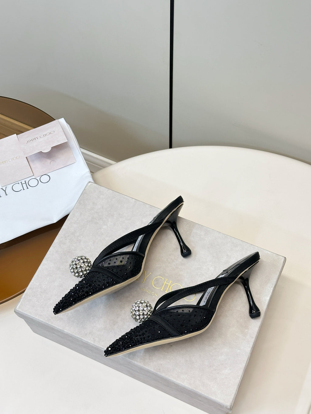 JIMMY CHOO 26S HEELED MULES 80 MM IN BLACK CRYSTAL EMBELLISHMENT