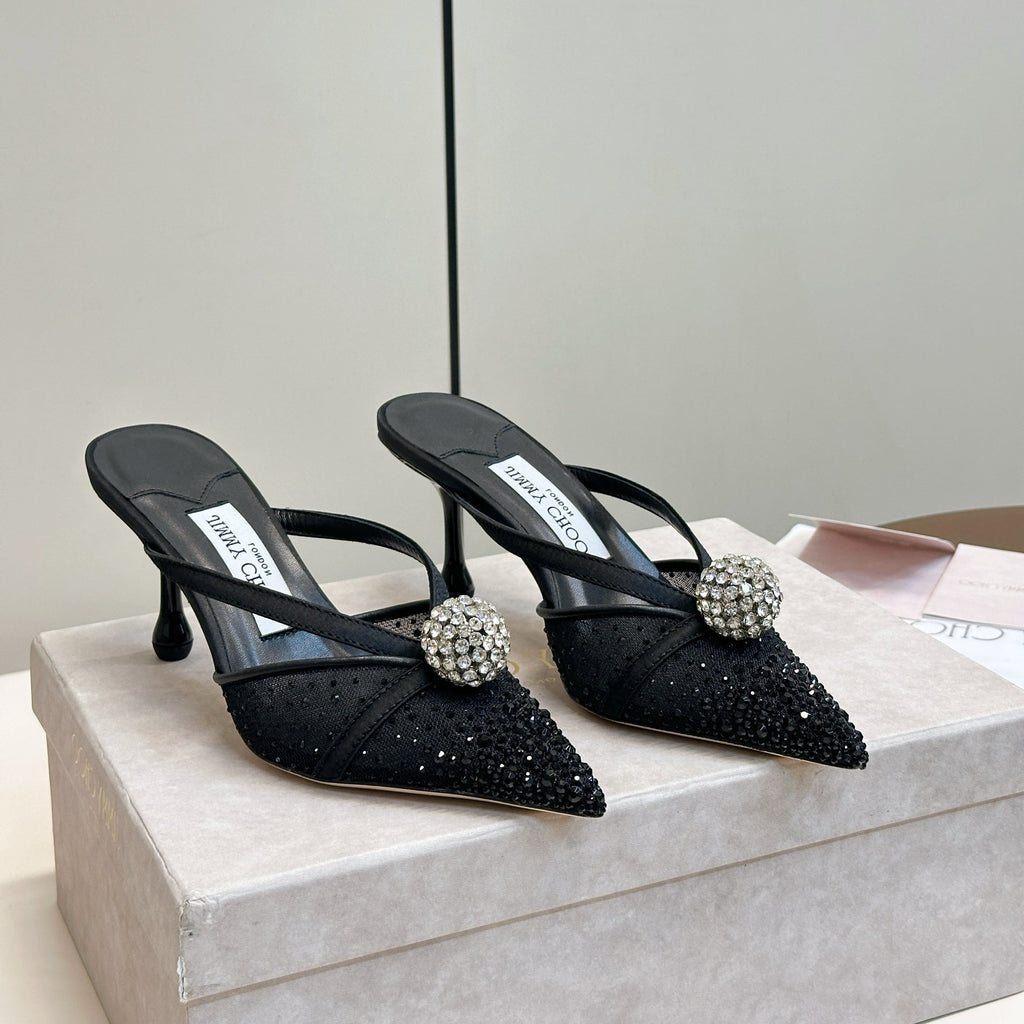 JIMMY CHOO 26S HEELED MULES 80 MM IN BLACK CRYSTAL EMBELLISHMENT
