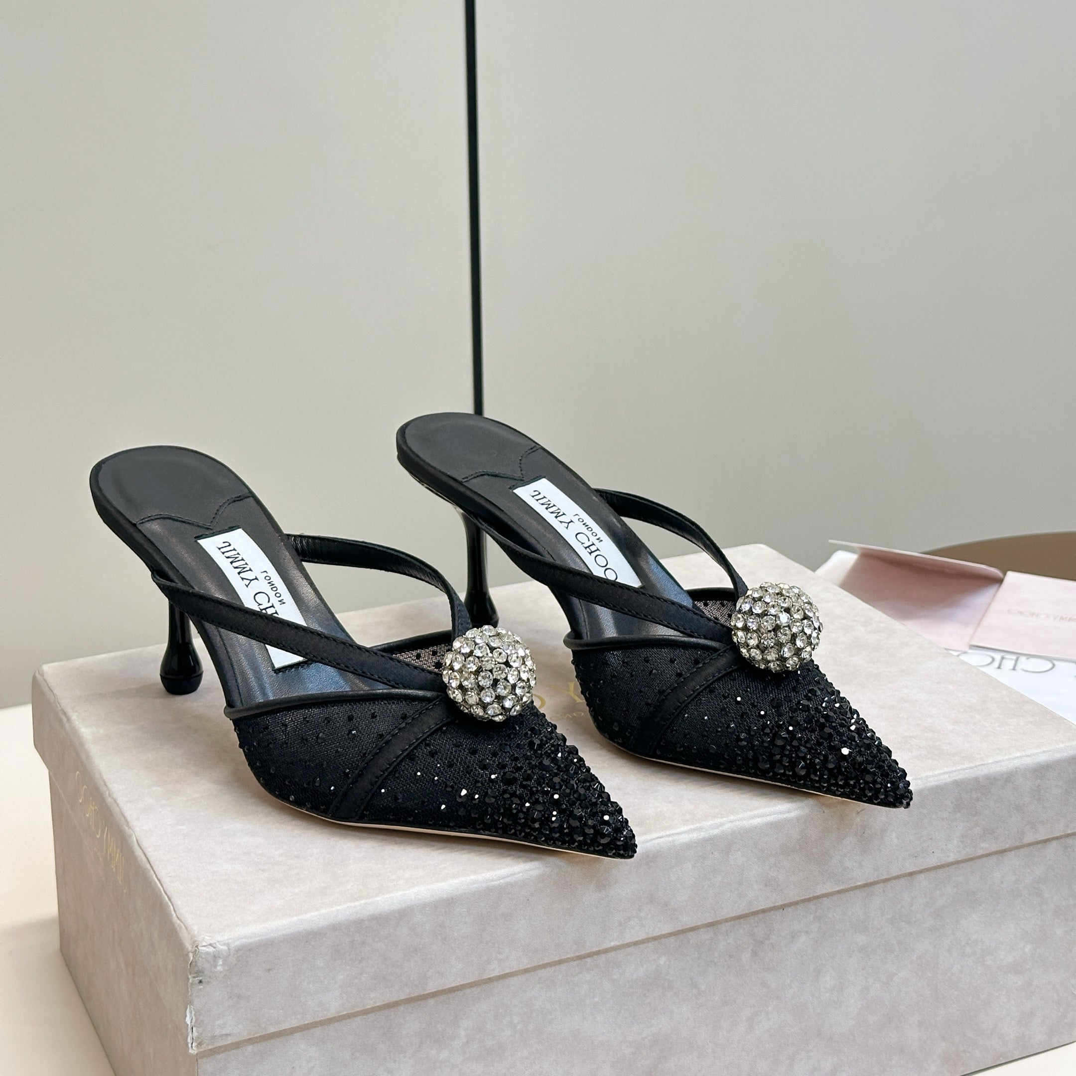 JIMMY CHOO 26S HEELED MULES 80 MM IN BLACK CRYSTAL EMBELLISHMENT