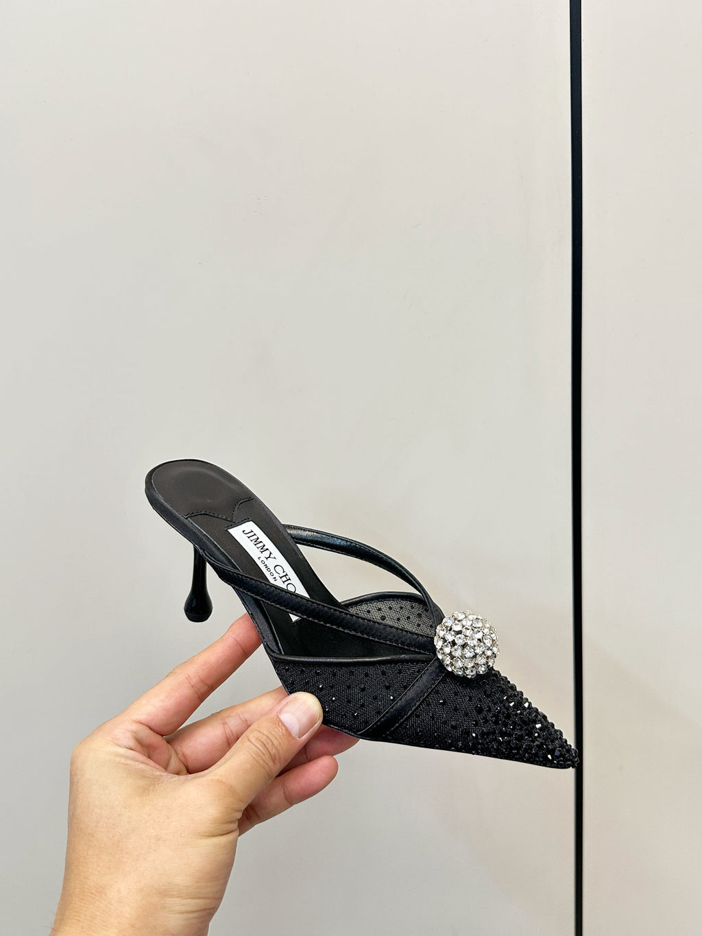 JIMMY CHOO 26S HEELED MULES 80 MM IN BLACK CRYSTAL EMBELLISHMENT