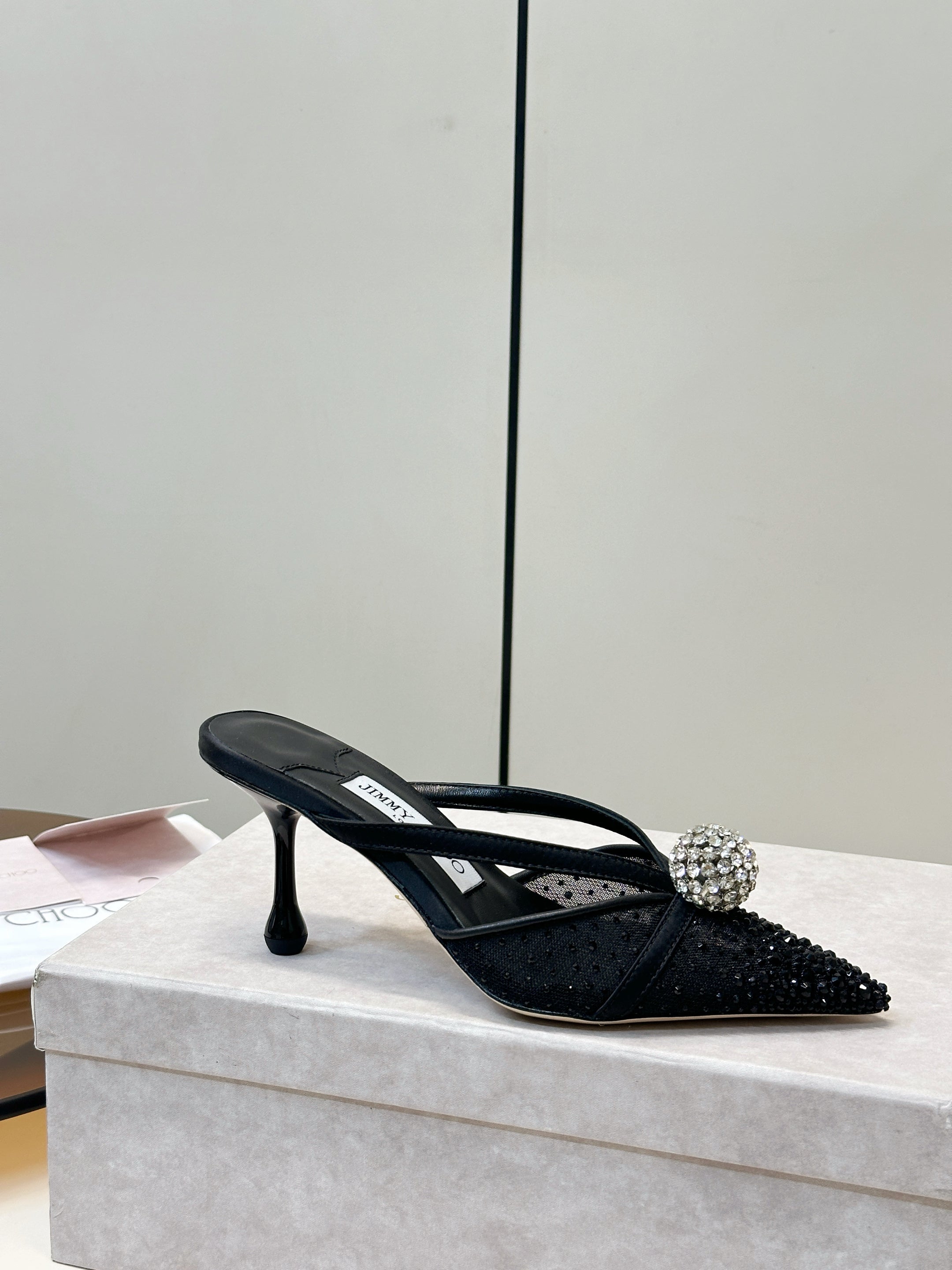 JIMMY CHOO 26S HEELED MULES 80 MM IN BLACK CRYSTAL EMBELLISHMENT