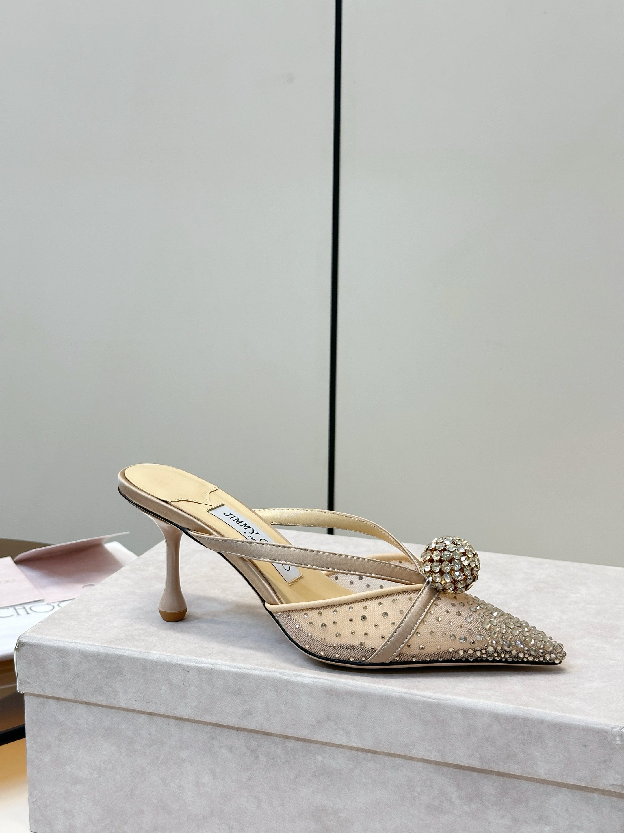 JIMMY CHOO 26S HEELED MULES 80 MM IN BEIGE CRYSTAL EMBELLISHMENT