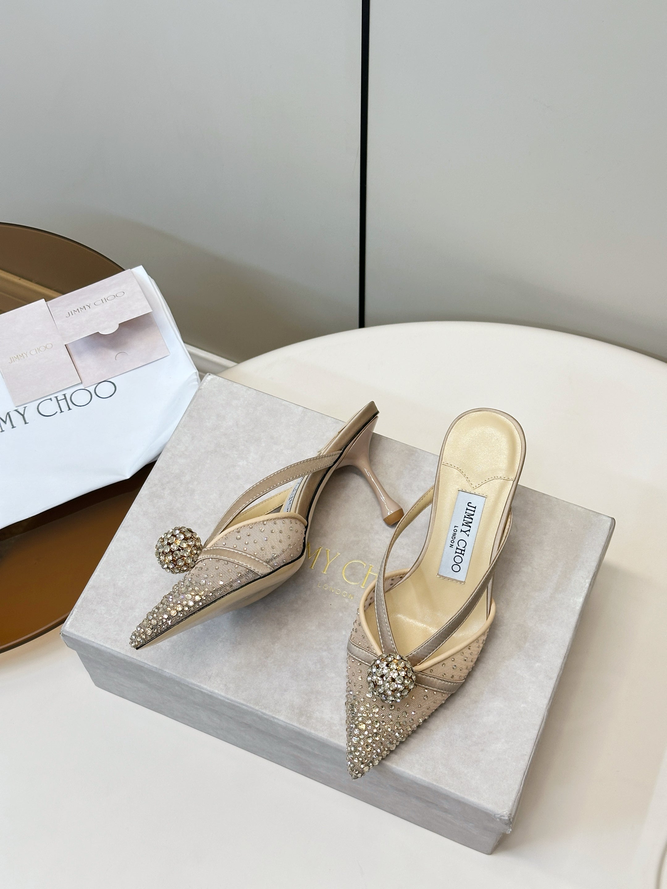 JIMMY CHOO 26S HEELED MULES 80 MM IN BEIGE CRYSTAL EMBELLISHMENT