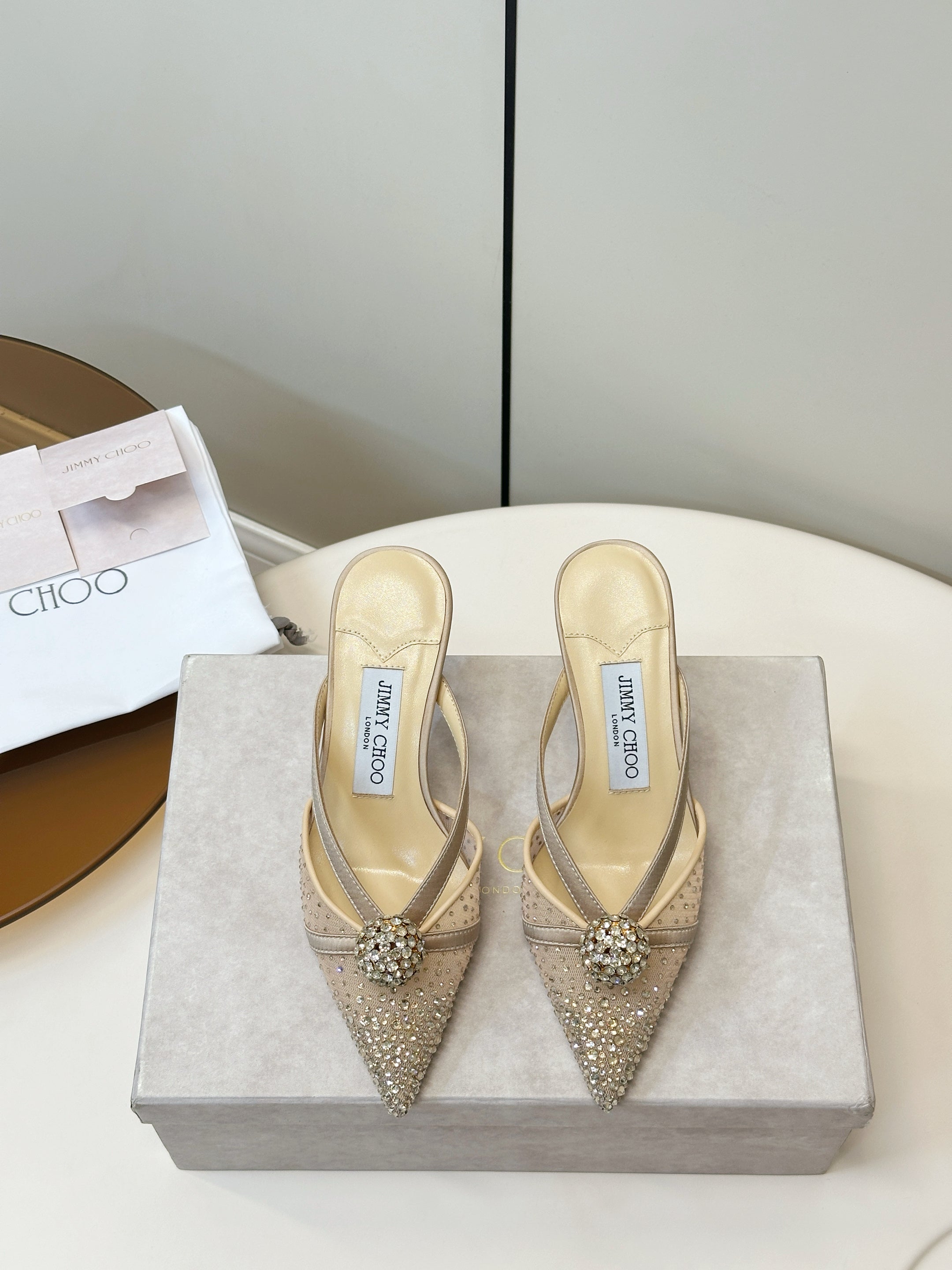 JIMMY CHOO 26S HEELED MULES 80 MM IN BEIGE CRYSTAL EMBELLISHMENT