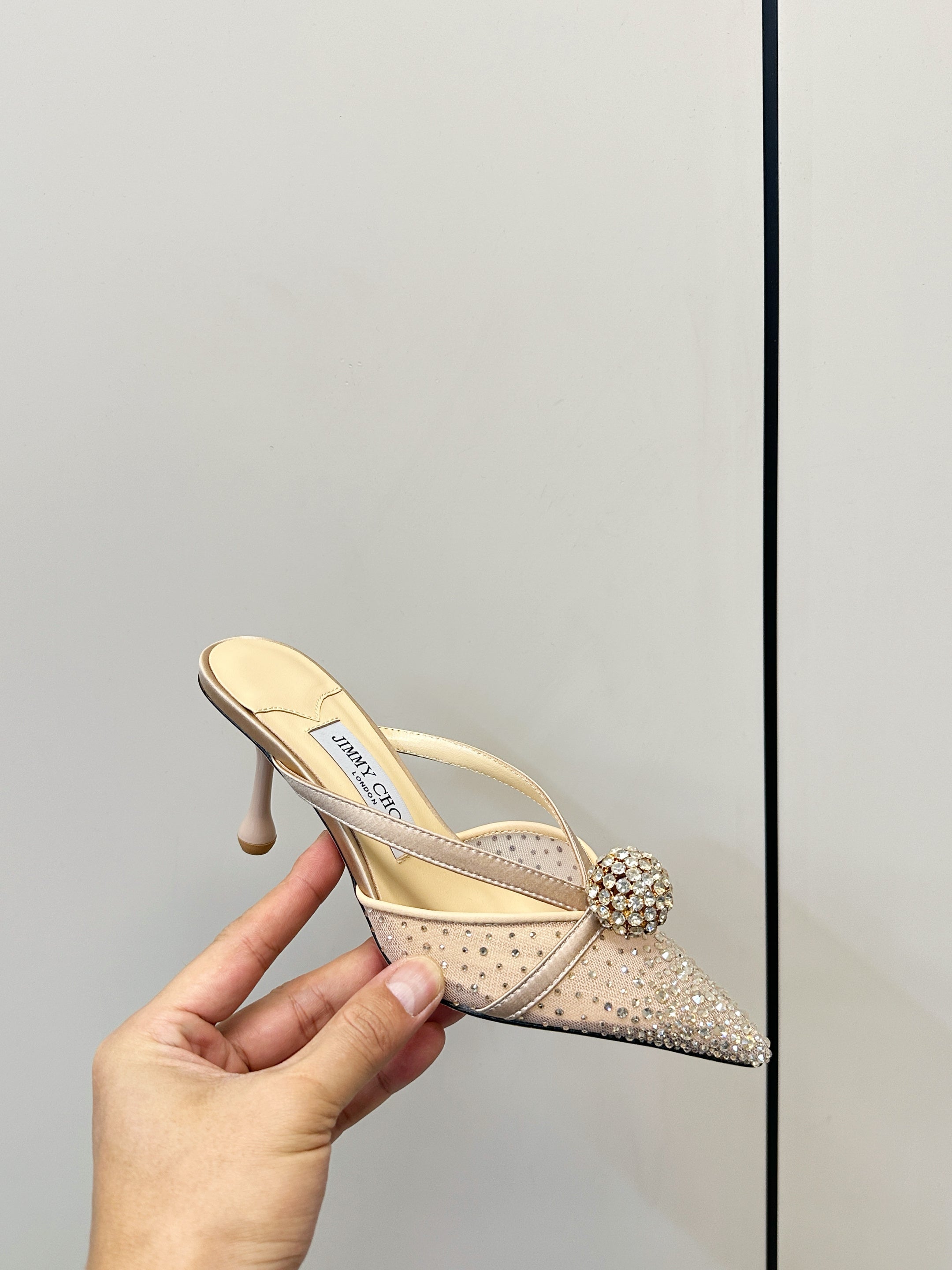 JIMMY CHOO 26S HEELED MULES 80 MM IN BEIGE CRYSTAL EMBELLISHMENT