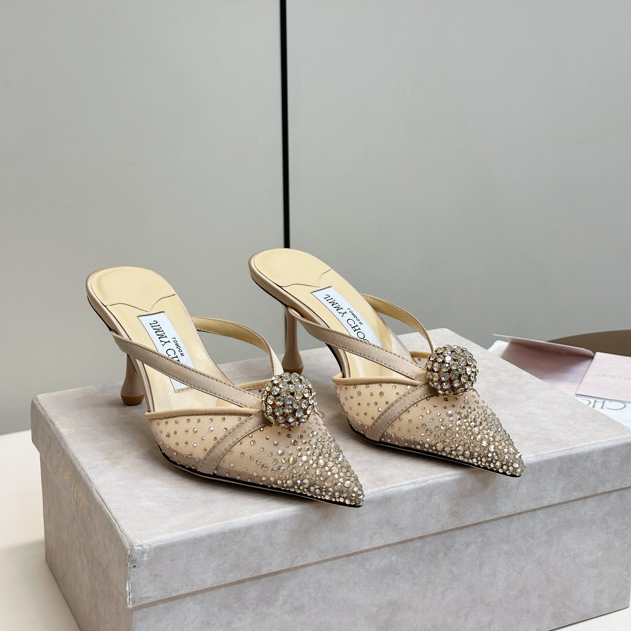 JIMMY CHOO 26S HEELED MULES 80 MM IN BEIGE CRYSTAL EMBELLISHMENT
