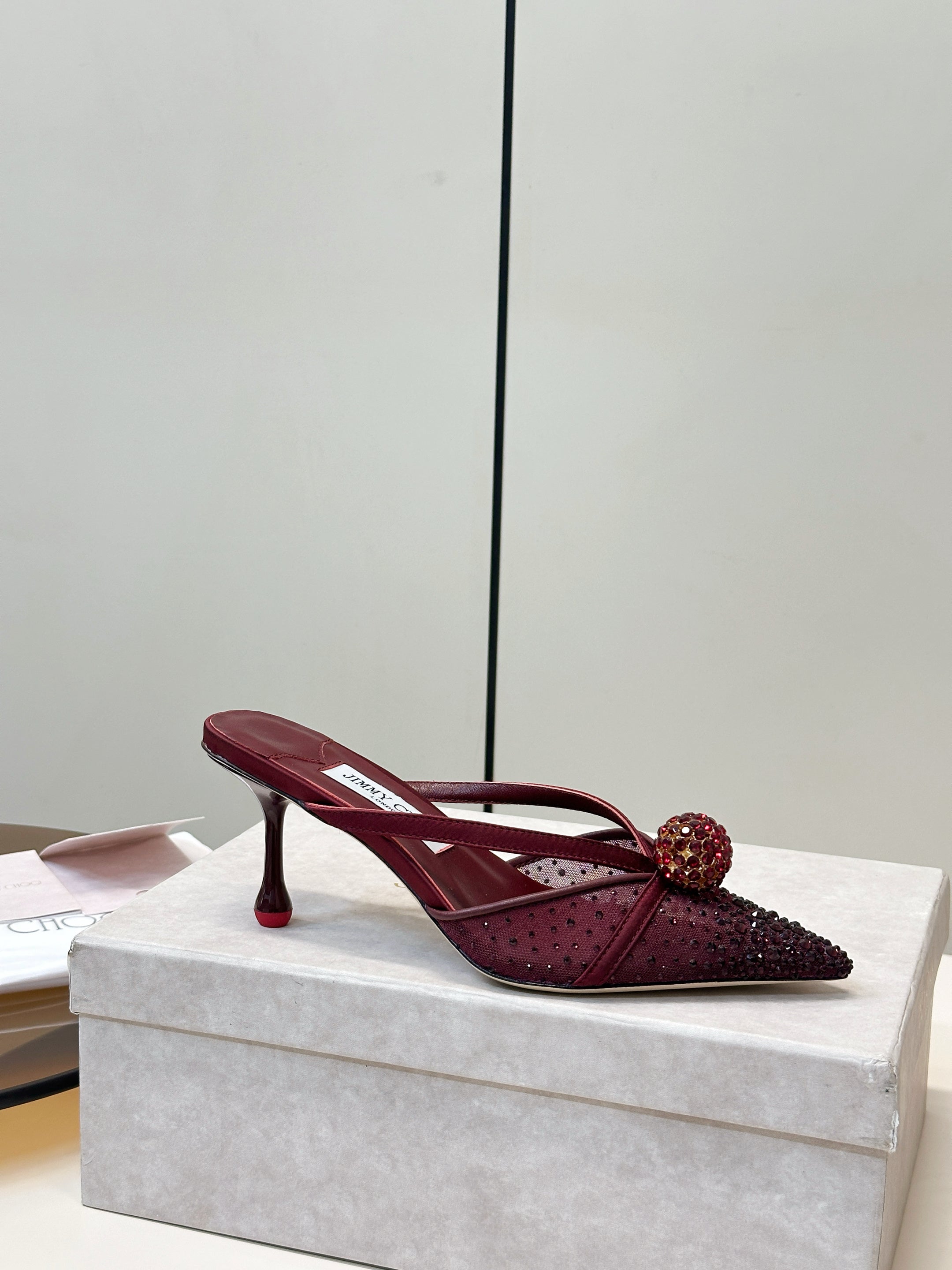 JIMMY CHOO 26S HEELED MULES 80 MM IN DARK RED CRYSTAL EMBELLISHMENT