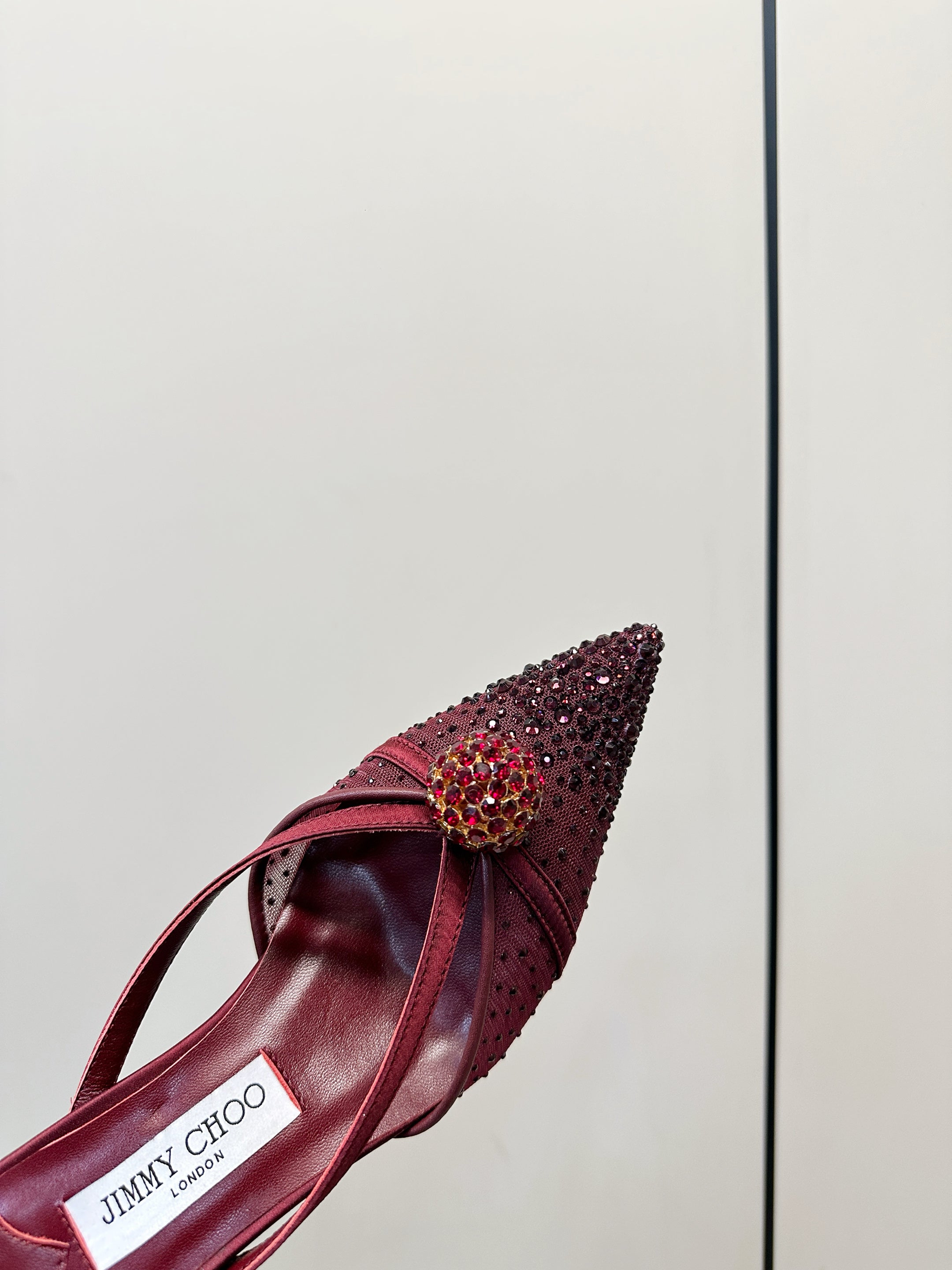 JIMMY CHOO 26S HEELED MULES 80 MM IN DARK RED CRYSTAL EMBELLISHMENT