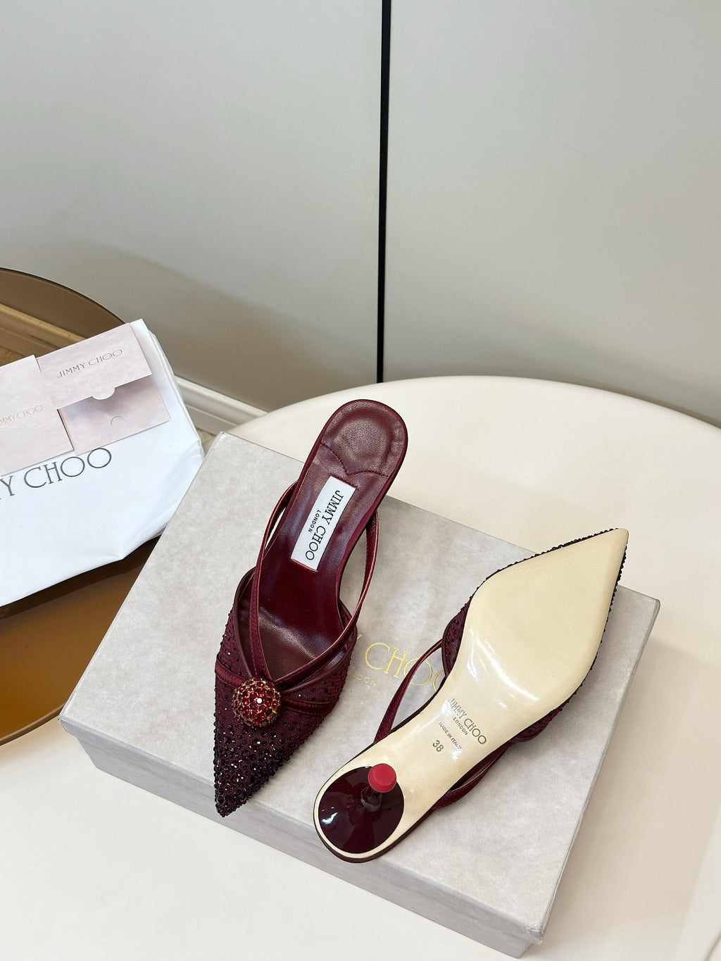 JIMMY CHOO 26S HEELED MULES 80 MM IN DARK RED CRYSTAL EMBELLISHMENT