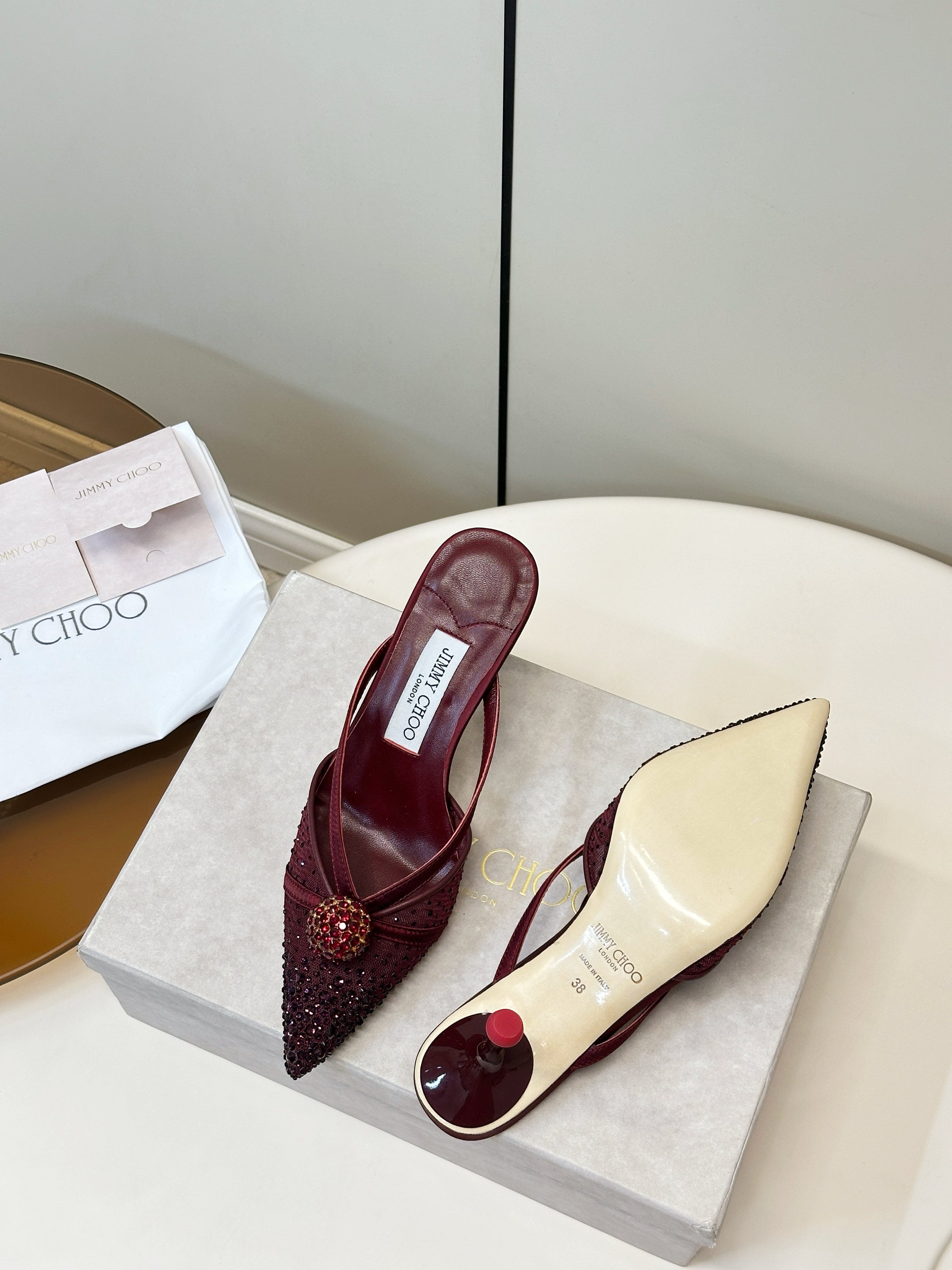 JIMMY CHOO 26S HEELED MULES 80 MM IN DARK RED CRYSTAL EMBELLISHMENT