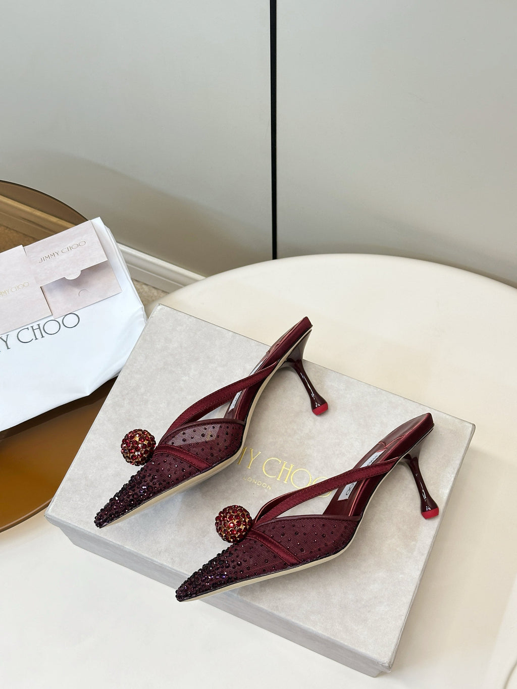 JIMMY CHOO 26S HEELED MULES 80 MM IN DARK RED CRYSTAL EMBELLISHMENT