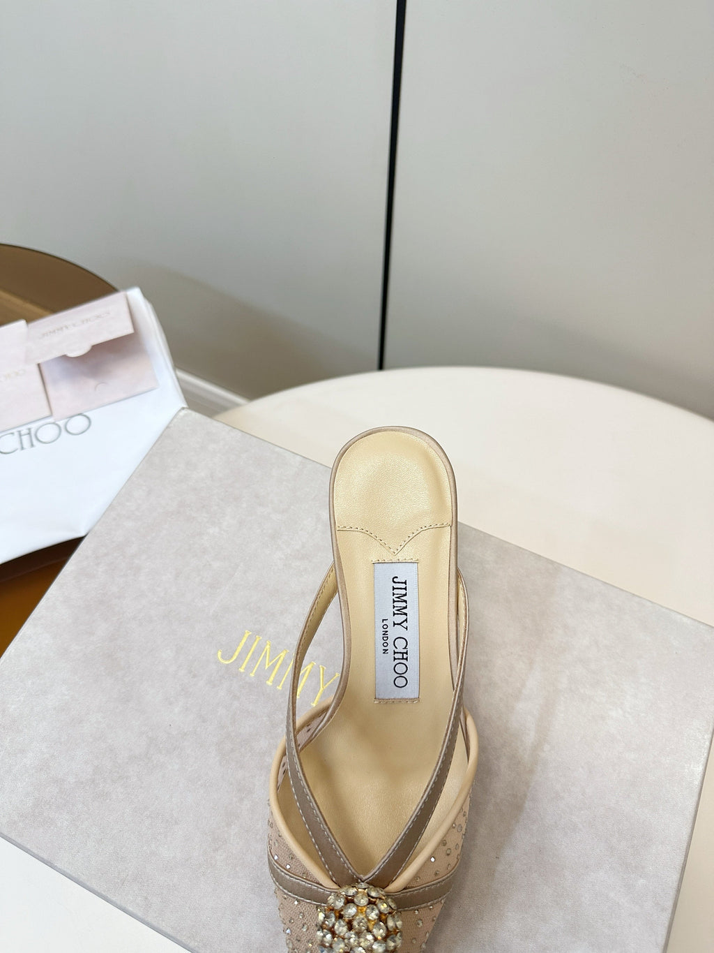 JIMMY CHOO 26S HEELED MULES 80 MM IN BEIGE CRYSTAL EMBELLISHMENT