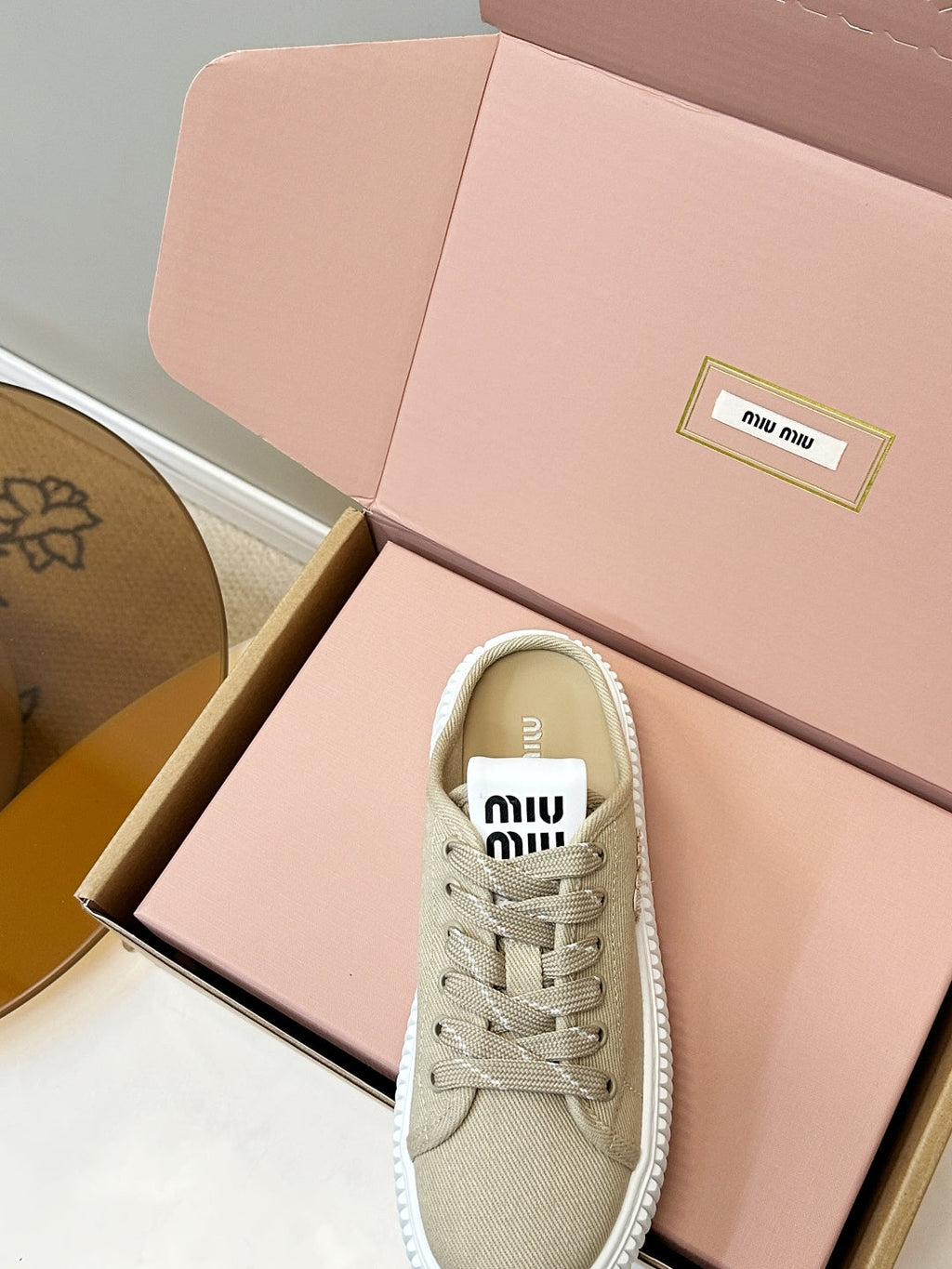 MIUMIU 26S SNEAKER MULES IN BEIGE CANVAS