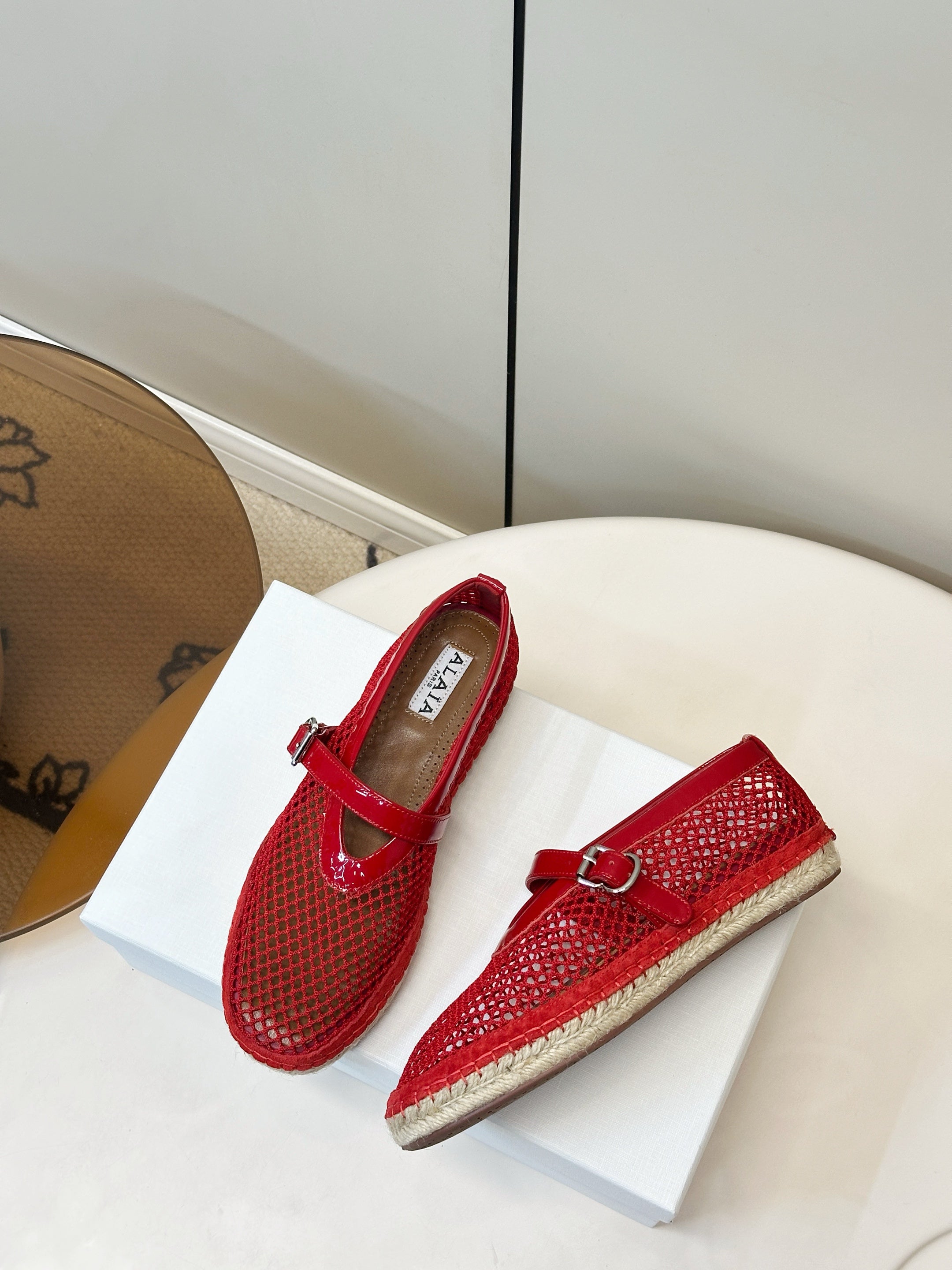 ALAIA 26S ESPADRILLES IN RED SOFT PATENT LEATHER AND MESH
