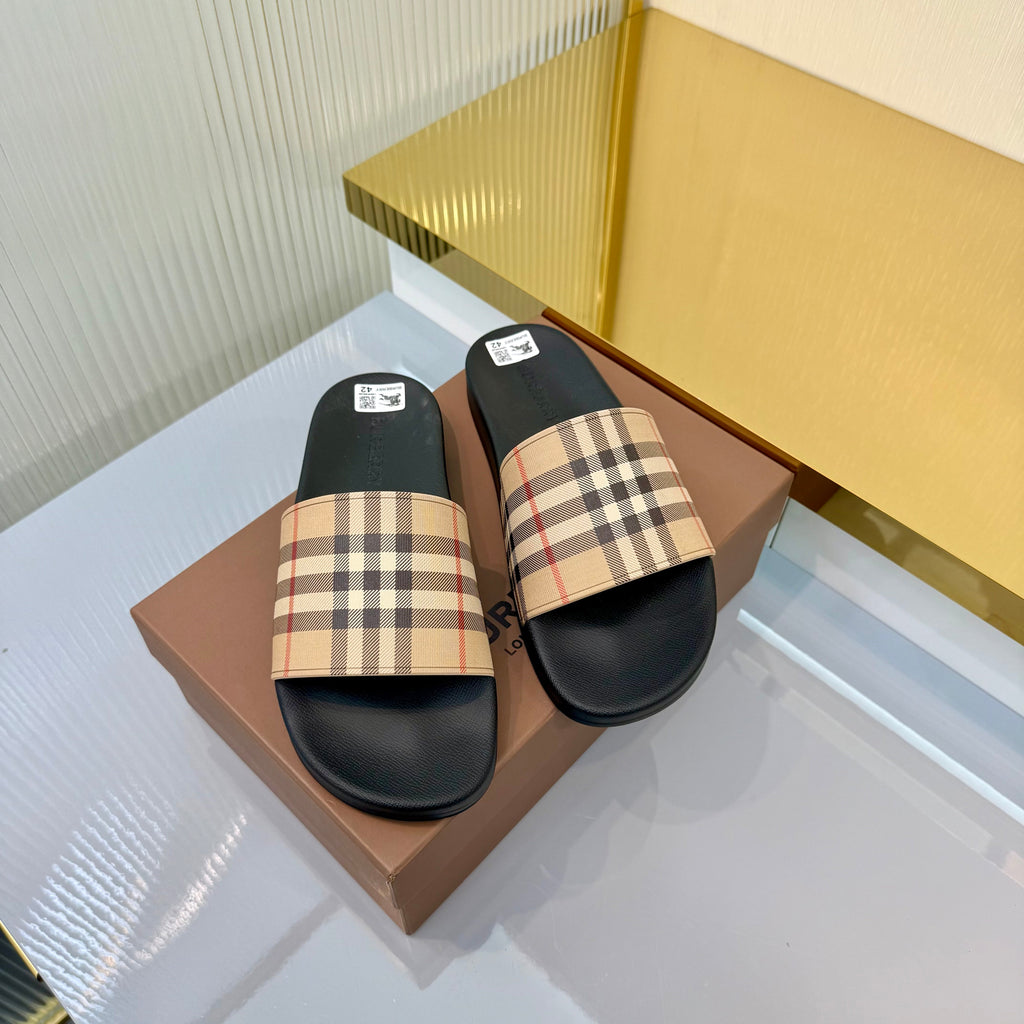 BURBERRY 26S SLIDES SANDAL IN BLACK BEIGE CALFSKIN