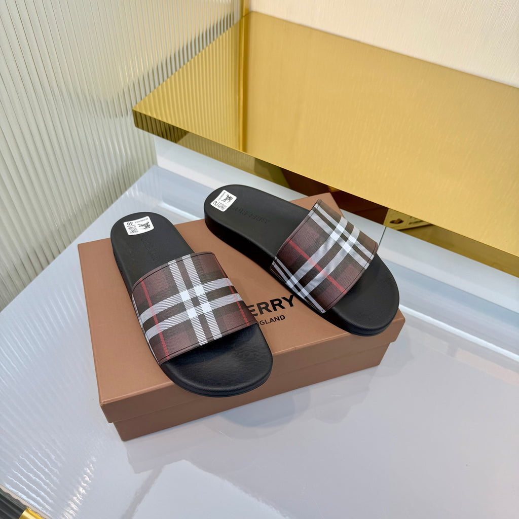 BURBERRY 26S SLIDES SANDAL IN DARK BROWN AND BLACK CALFSKIN