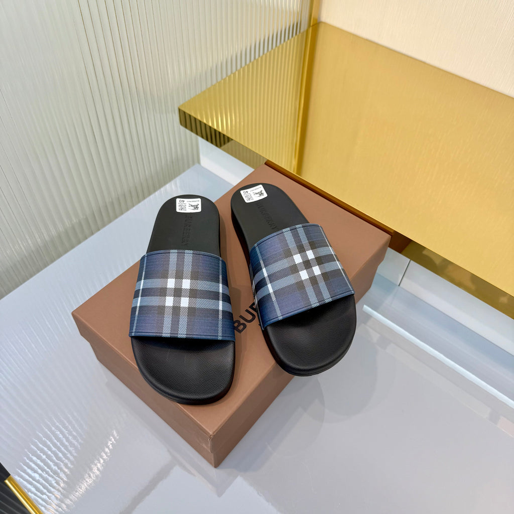 BURBERRY 26S SLIDES SANDAL IN BLACK BLUE CALFSKIN