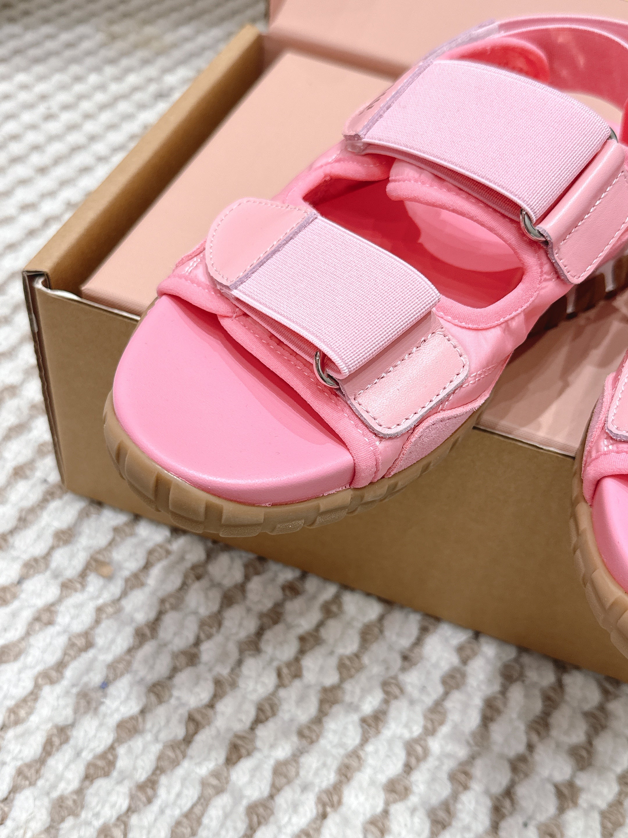MIUMIU 26S VELCRO SANDALS IN PINK CALFSKIN AND NYLON SILVER HARDWARE