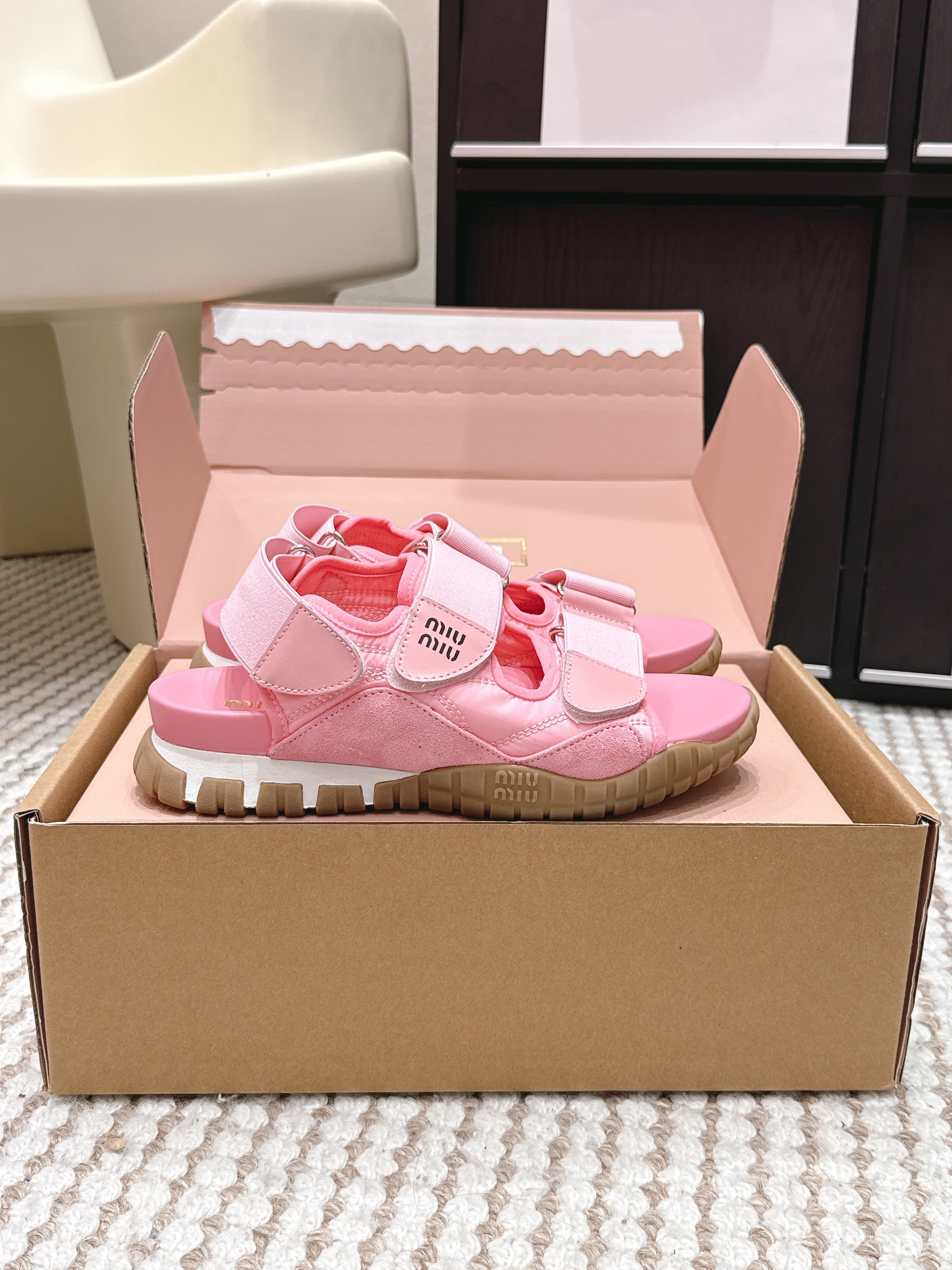 MIUMIU 26S VELCRO SANDALS IN PINK CALFSKIN AND NYLON SILVER HARDWARE
