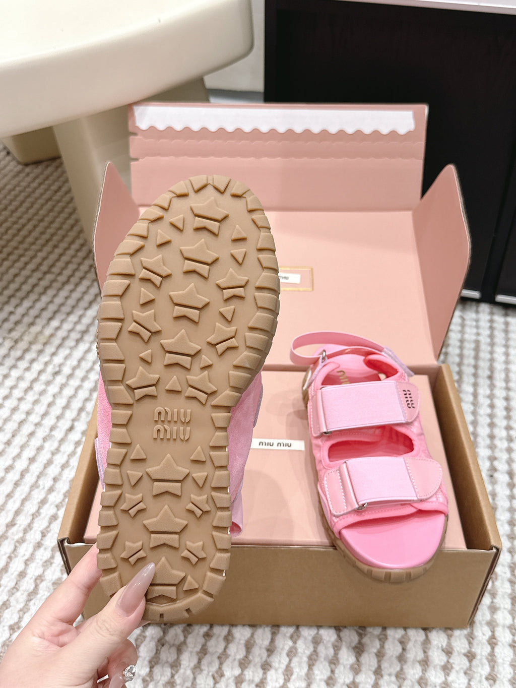 MIUMIU 26S VELCRO SANDALS IN PINK CALFSKIN AND NYLON SILVER HARDWARE