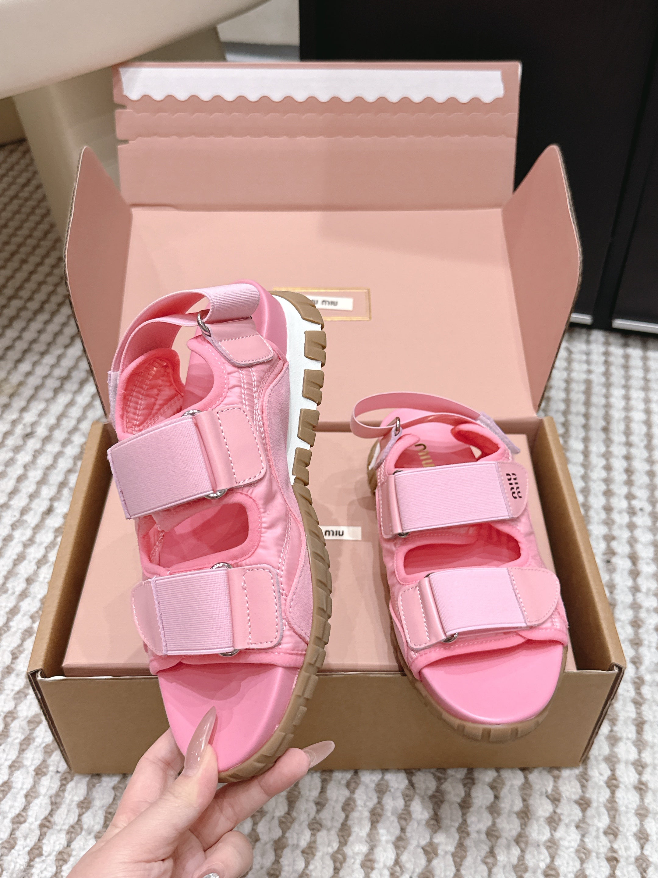 MIUMIU 26S VELCRO SANDALS IN PINK CALFSKIN AND NYLON SILVER HARDWARE