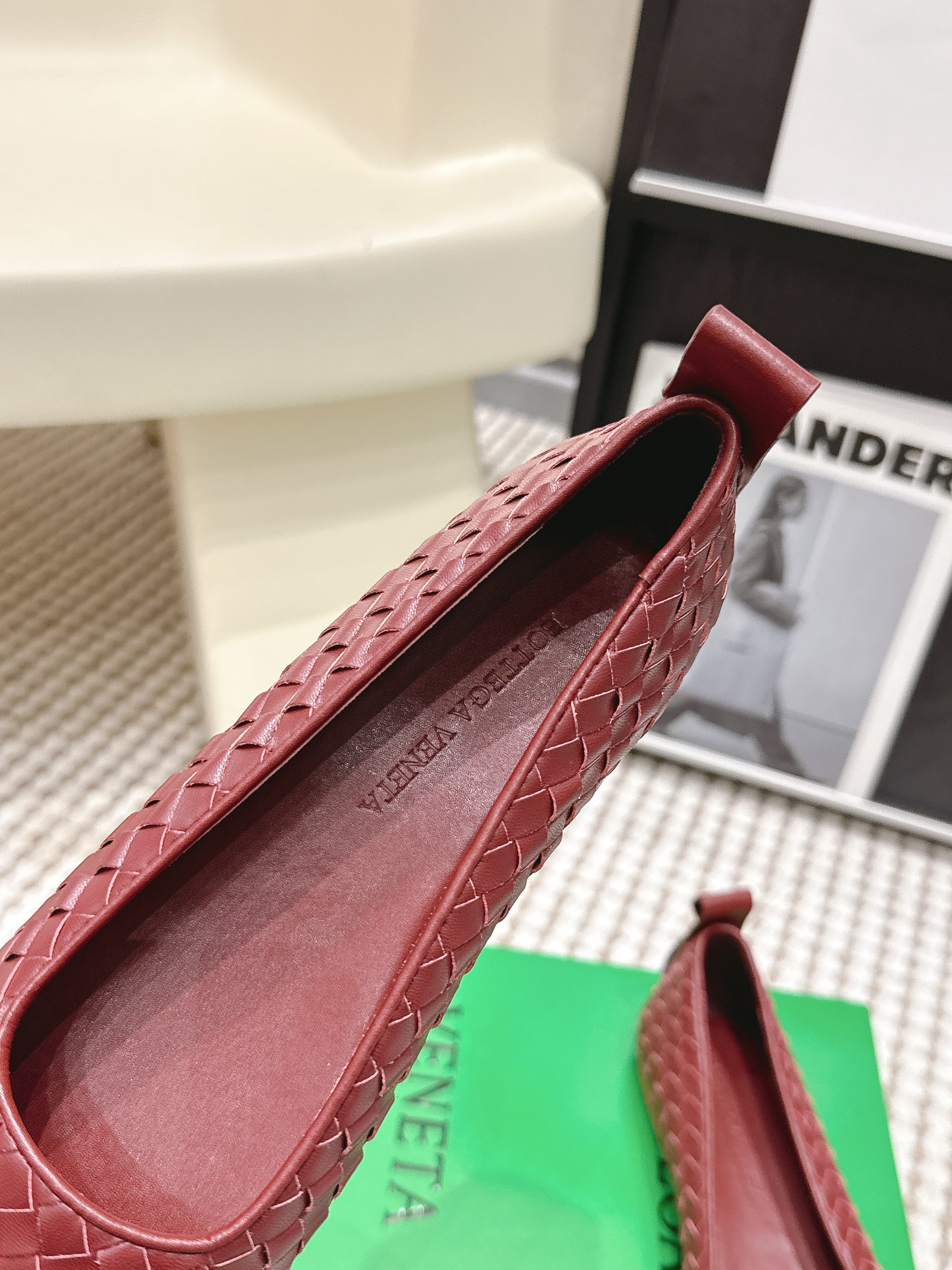 BOTTEGA VENETA 26S SQUARE-TOE FLATS IN RED TECHNICAL WOVEN LAMBSKIN