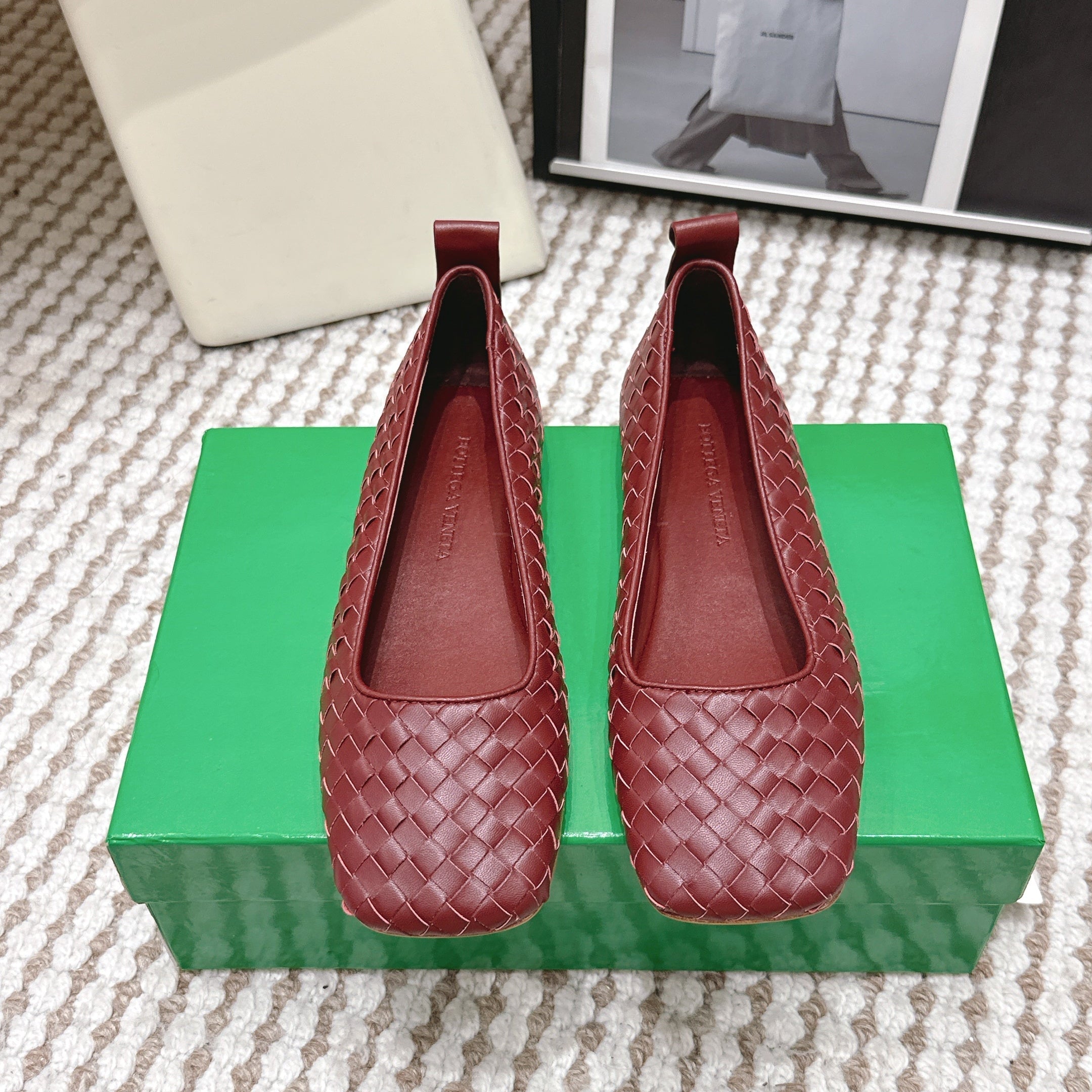 BOTTEGA VENETA 26S SQUARE-TOE FLATS IN RED TECHNICAL WOVEN LAMBSKIN