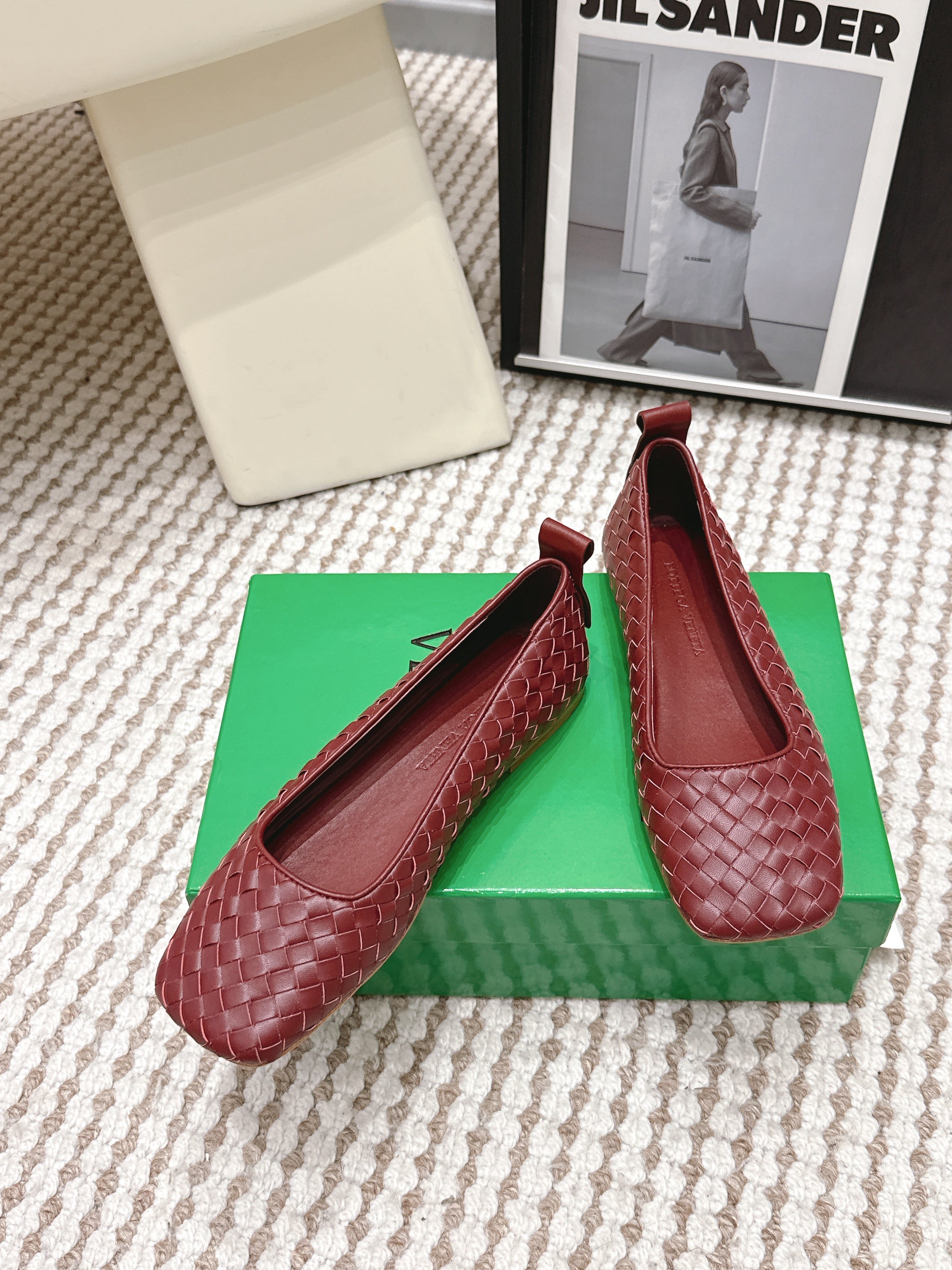 BOTTEGA VENETA 26S SQUARE-TOE FLATS IN RED TECHNICAL WOVEN LAMBSKIN