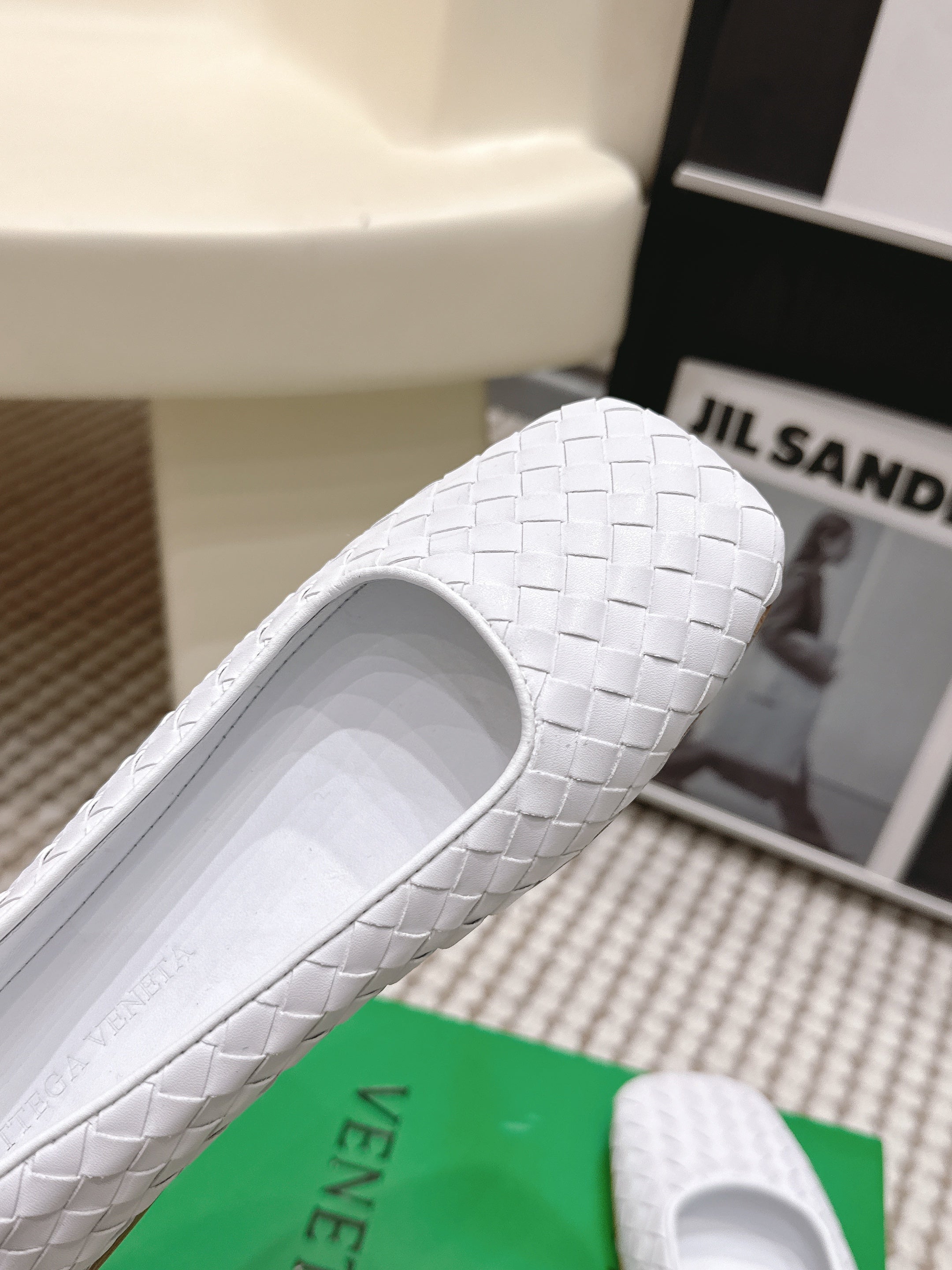 BOTTEGA VENETA 26S SQUARE-TOE FLATS IN WHITE TECHNICAL WOVEN LAMBSKIN