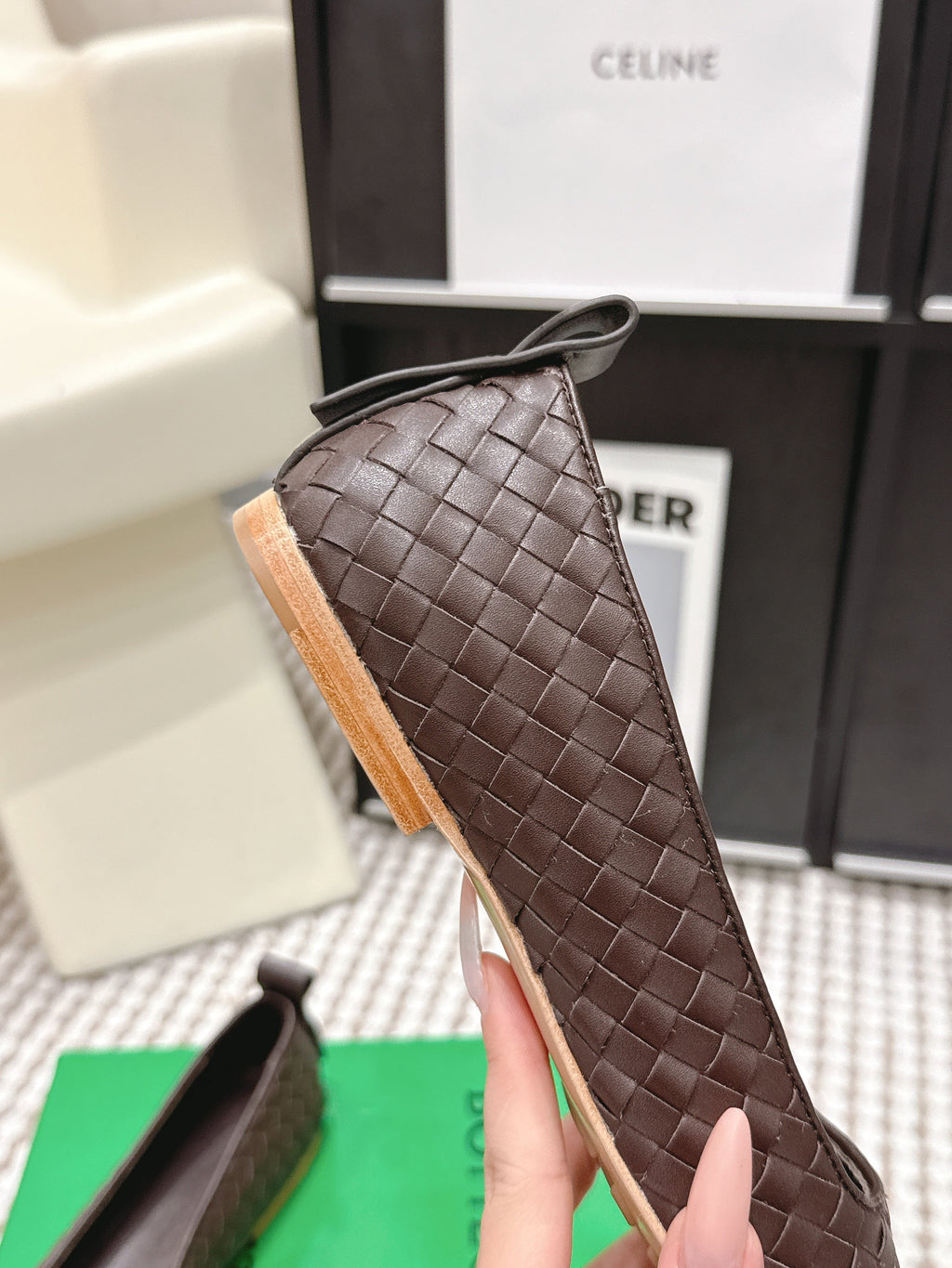 BOTTEGA VENETA 26S SQUARE-TOE FLATS IN DARK BROWN TECHNICAL WOVEN LAMBSKIN