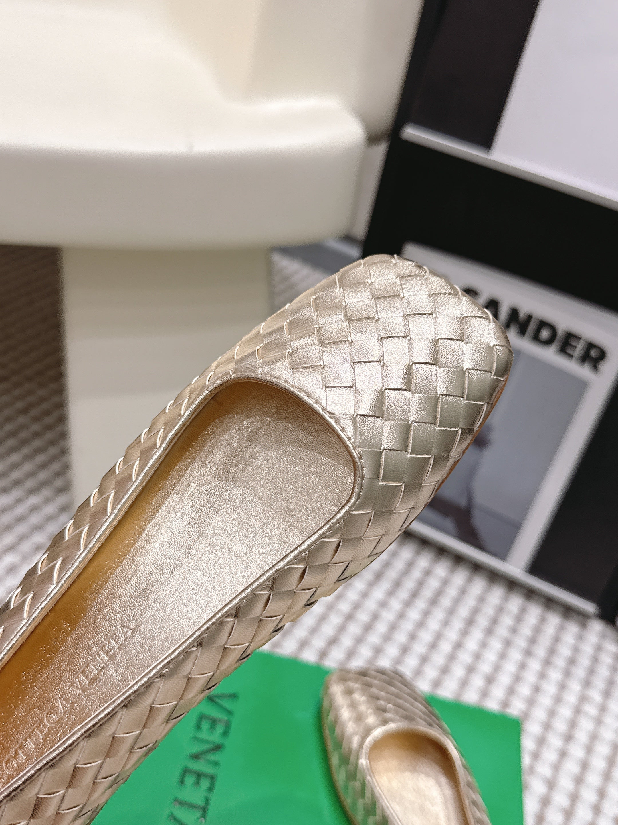 BOTTEGA VENETA 26S SQUARE-TOE FLATS IN LIGHT METALLIC GOLD TECHNICAL WOVEN LAMBSKIN