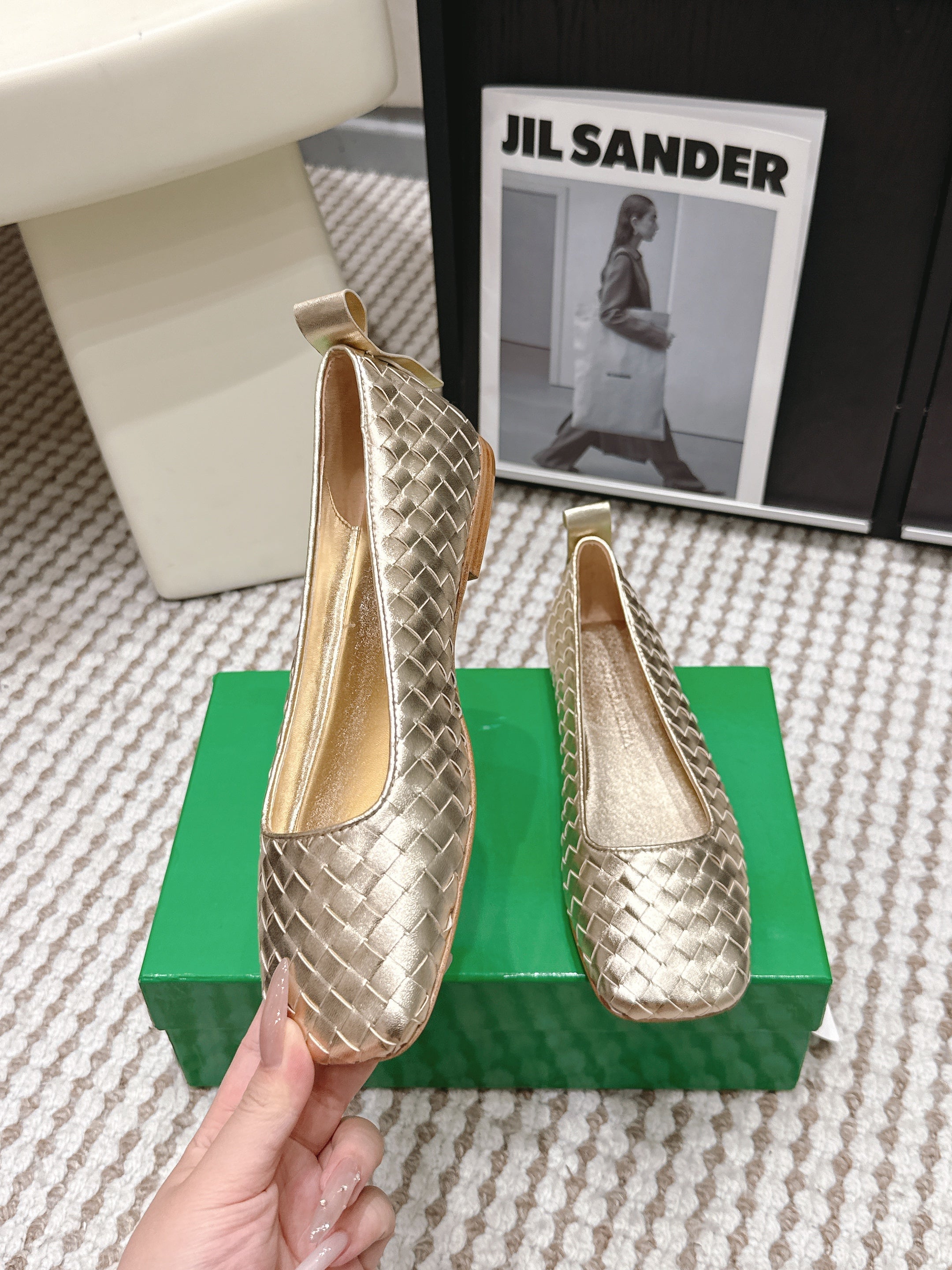 BOTTEGA VENETA 26S SQUARE-TOE FLATS IN LIGHT METALLIC GOLD TECHNICAL WOVEN LAMBSKIN