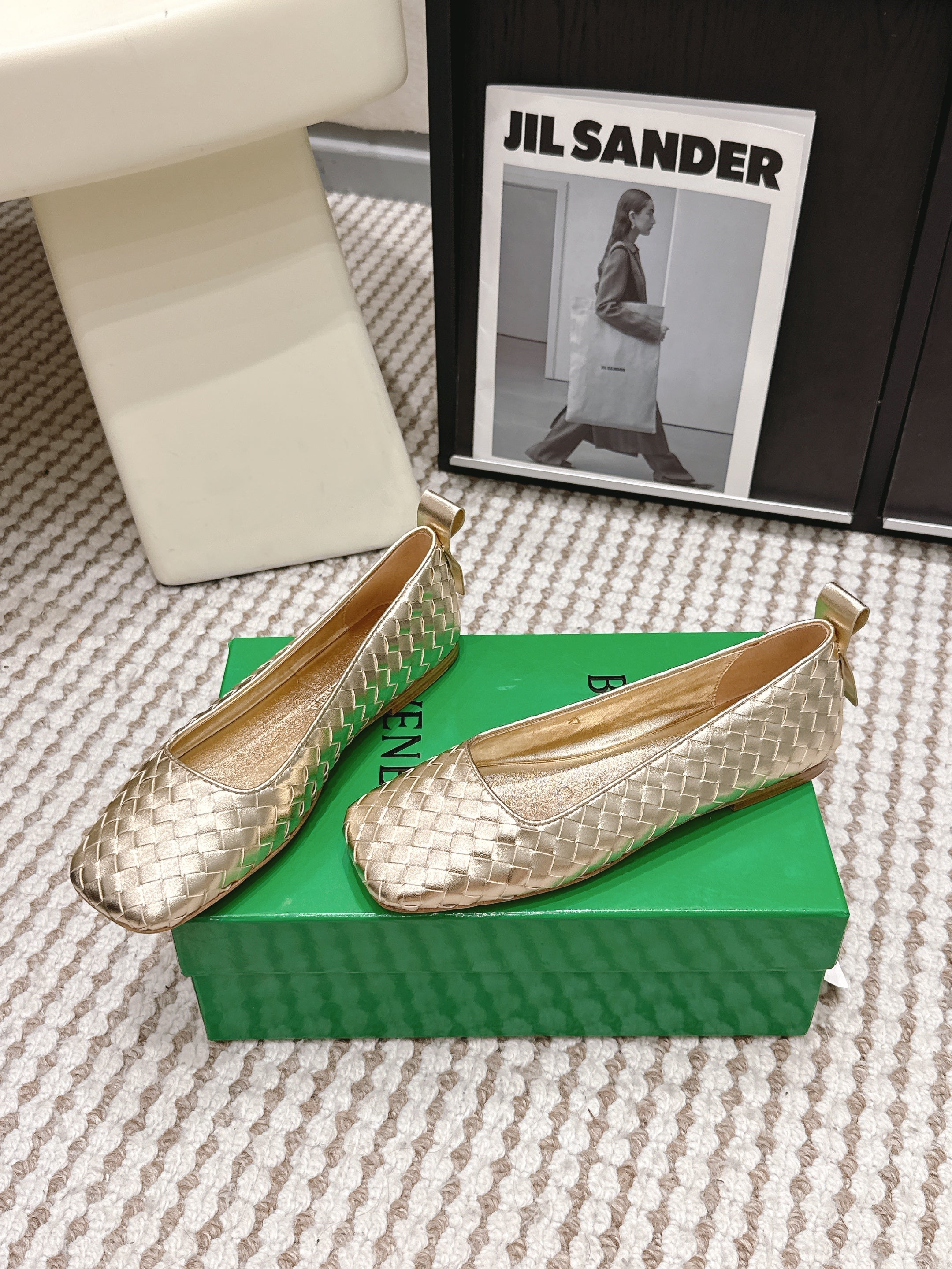 BOTTEGA VENETA 26S SQUARE-TOE FLATS IN LIGHT METALLIC GOLD TECHNICAL WOVEN LAMBSKIN