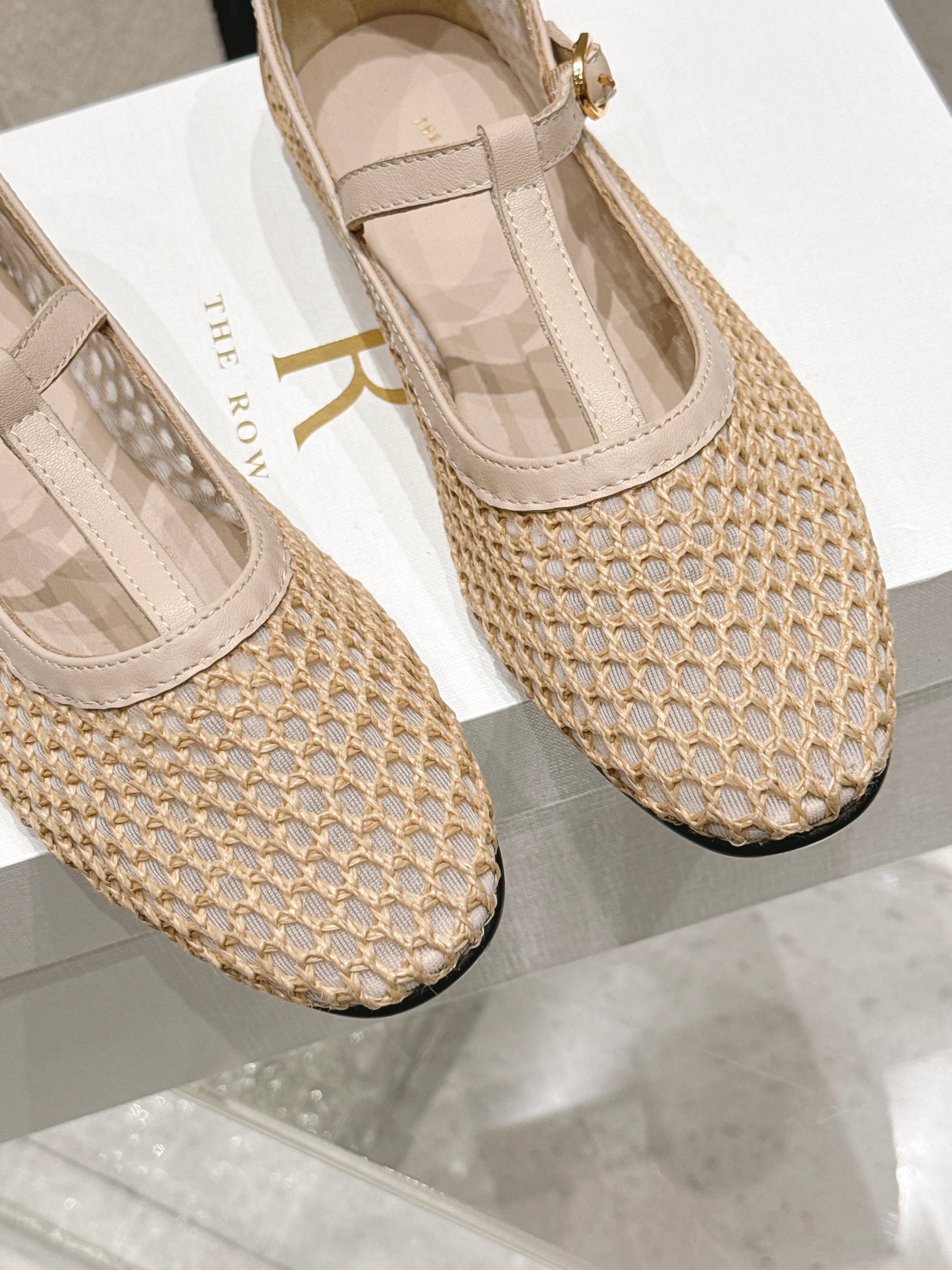 THE ROW 26S MARY JANE FLATS IN BEIGE CALFSKIN AND MESH
