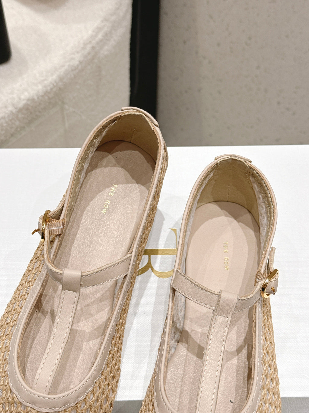 THE ROW 26S MARY JANE FLATS IN BEIGE CALFSKIN AND MESH