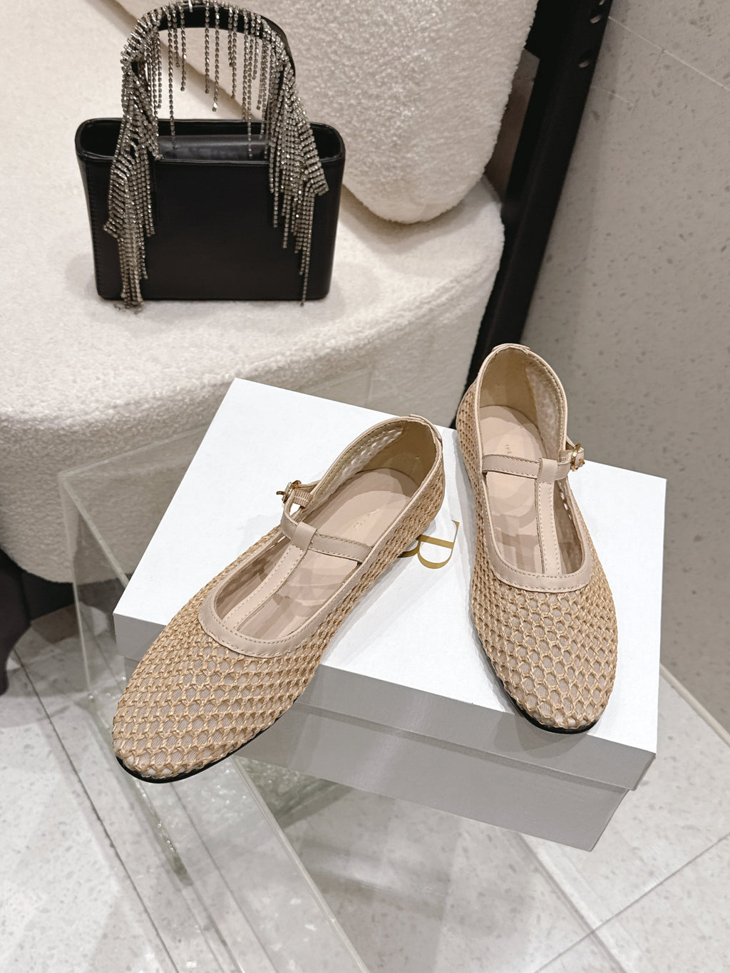 THE ROW 26S MARY JANE FLATS IN BEIGE CALFSKIN AND MESH