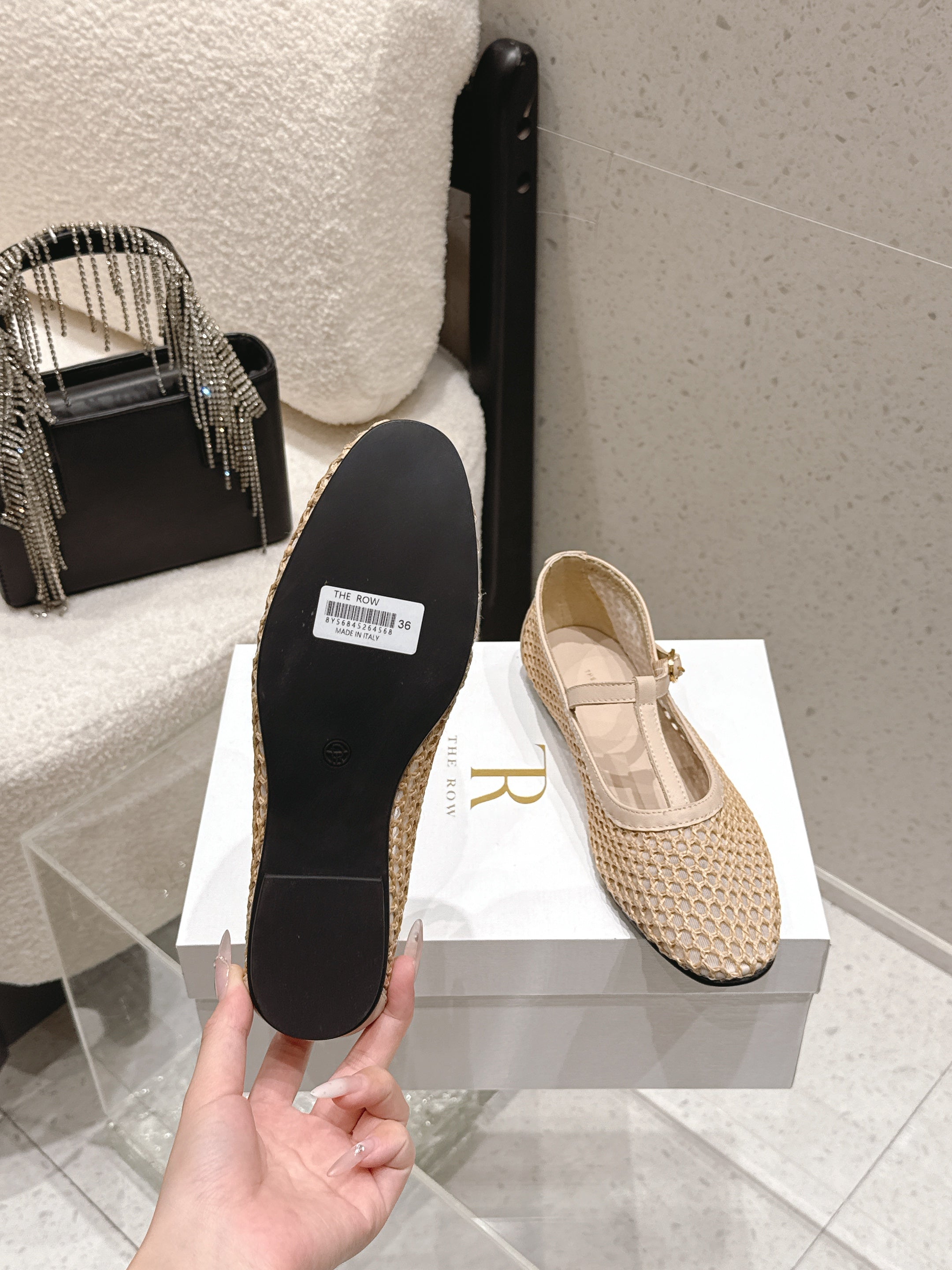 THE ROW 26S MARY JANE FLATS IN BEIGE CALFSKIN AND MESH