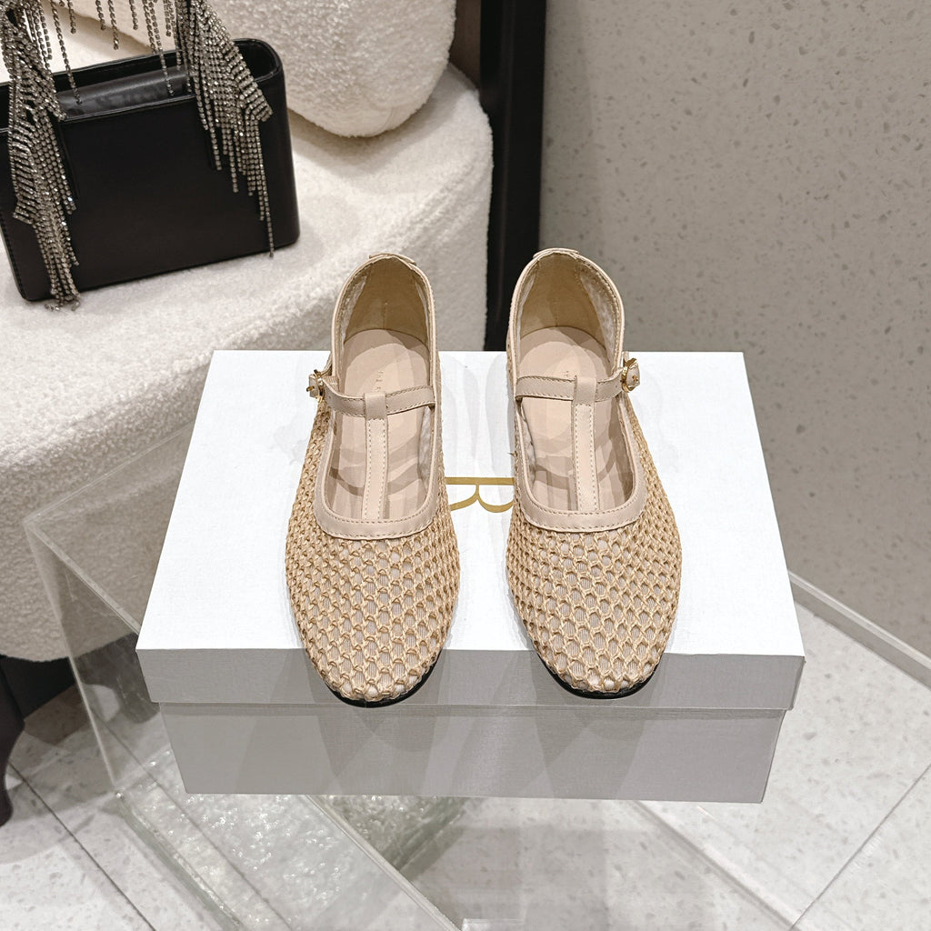 THE ROW 26S MARY JANE FLATS IN BEIGE CALFSKIN AND MESH