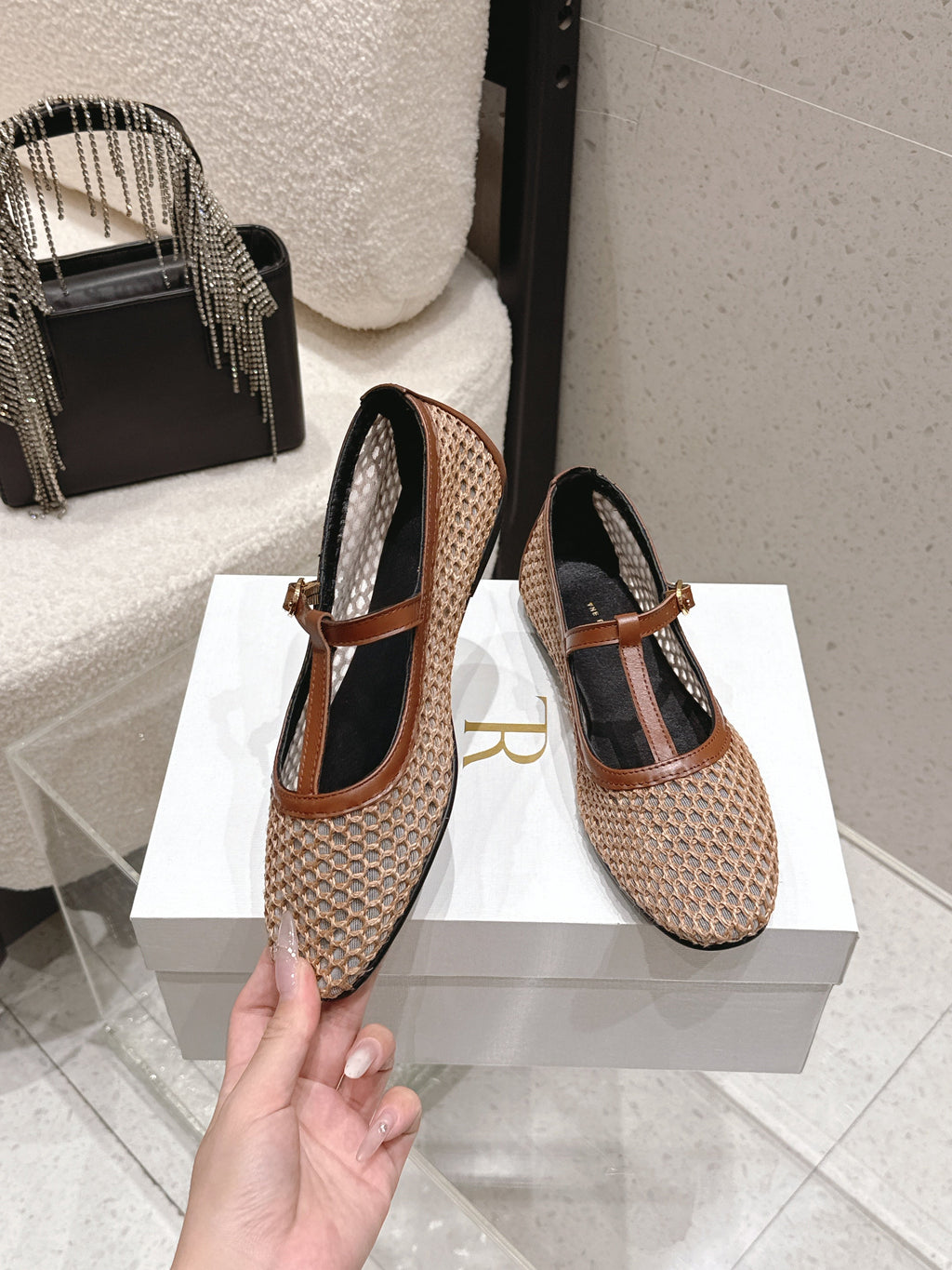 THE ROW 26S MARY JANE FLATS IN LIGHT BROWN CALFSKIN AND MESH