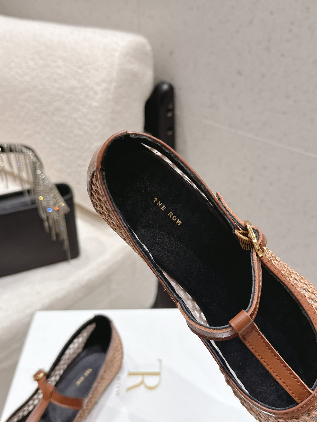 THE ROW 26S MARY JANE FLATS IN LIGHT BROWN CALFSKIN AND MESH