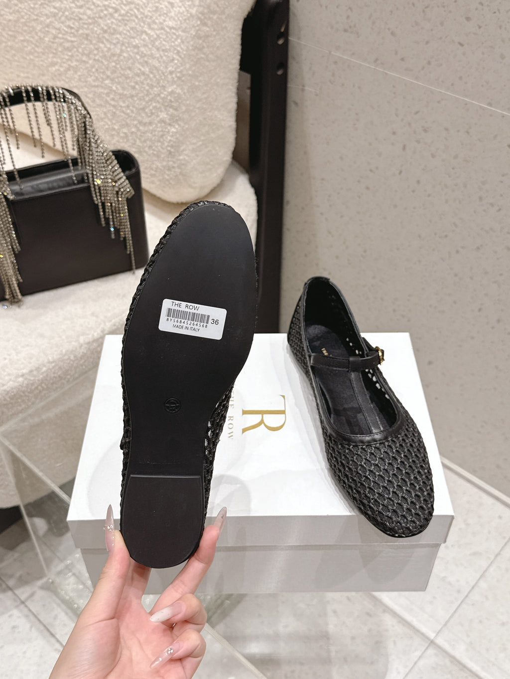 THE ROW 26S MARY JANE FLATS IN BLACK CALFSKIN AND MESH