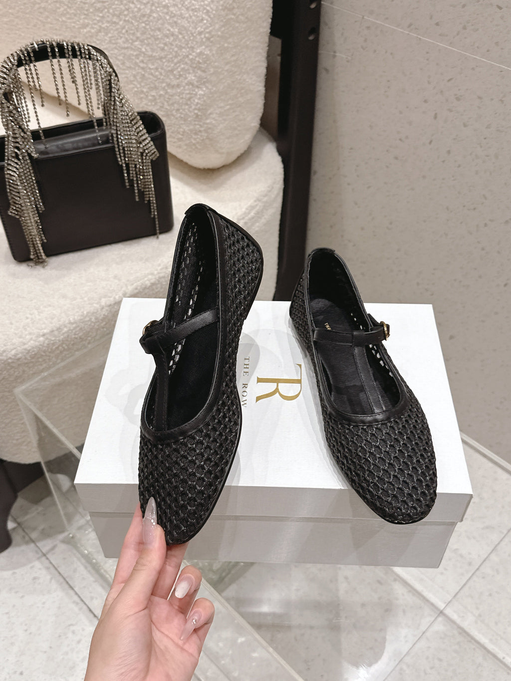 THE ROW 26S MARY JANE FLATS IN BLACK CALFSKIN AND MESH