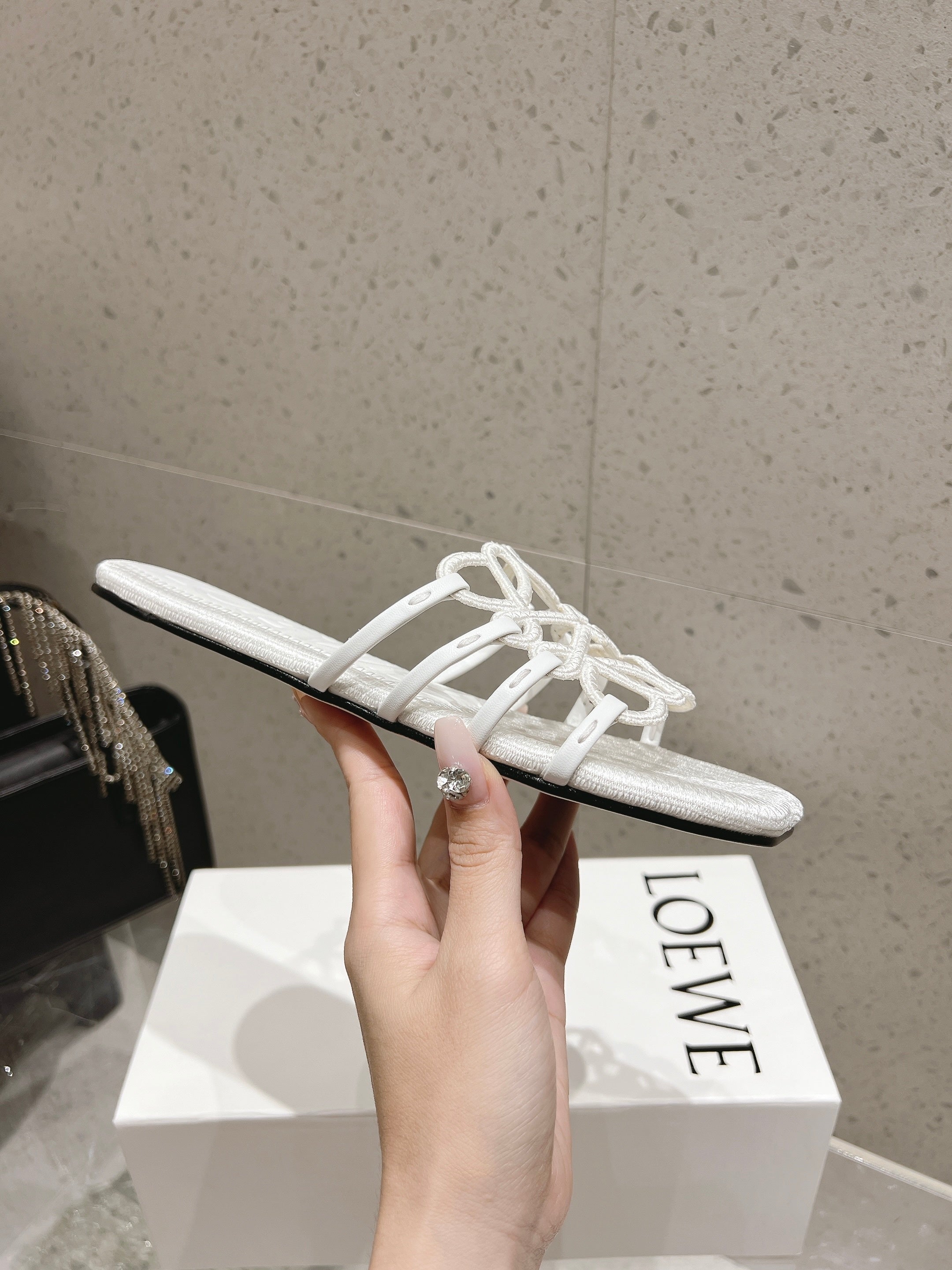 LOEWE 26S BRAIDED CAGE SLIDE SANDALS IN WHITE CALFSKIN