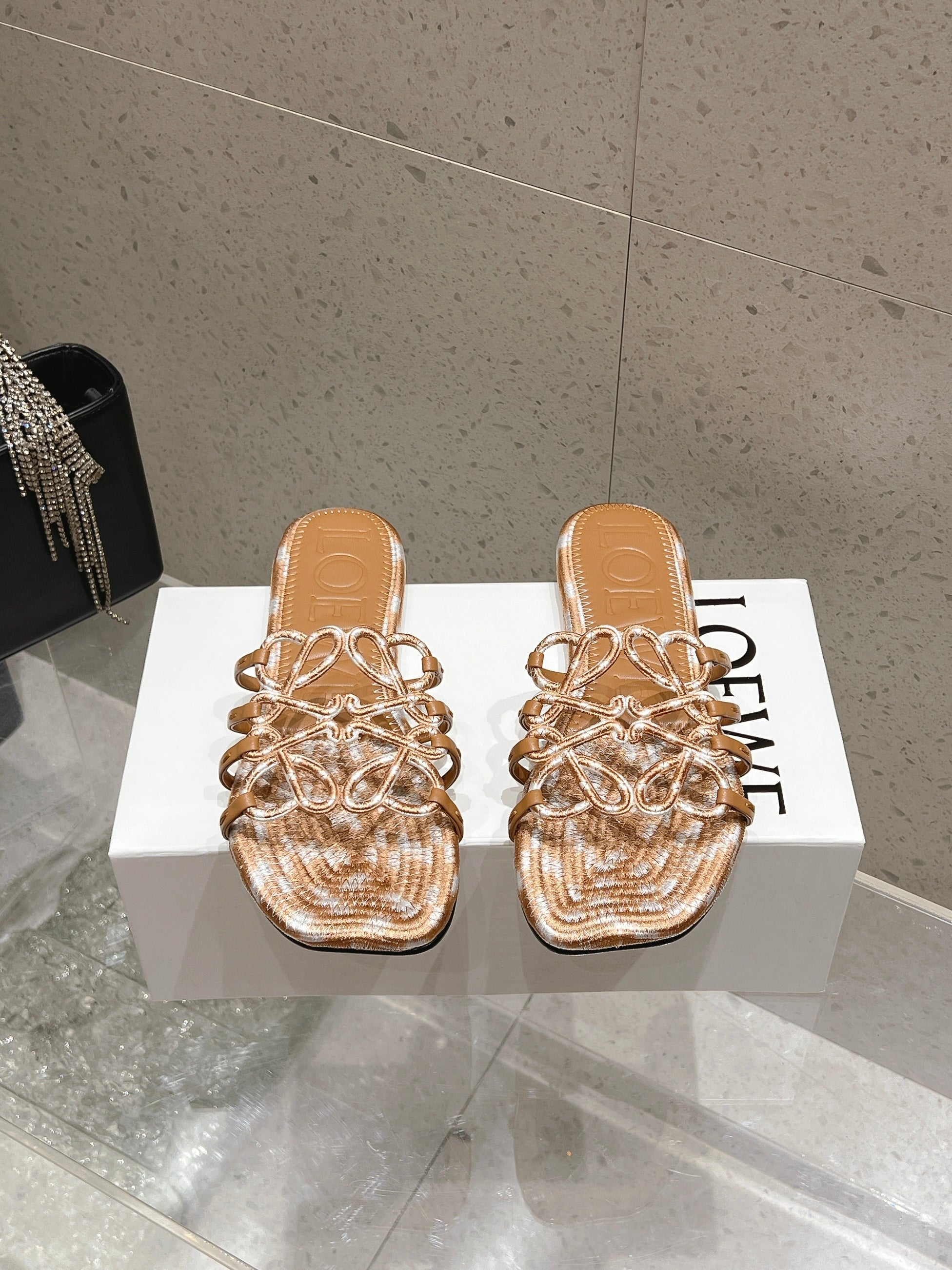 LOEWE 26S BRAIDED CAGE SLIDE SANDALS IN TAN BROWN CALFSKIN