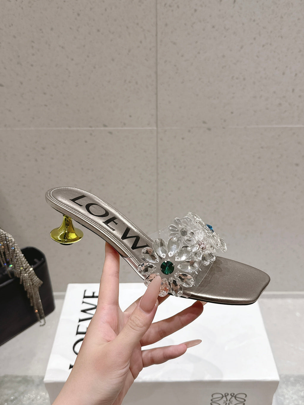 LOEWE 26S MULE HEELS 45MM IN LIGHT GREY PVC WITH CRYSTAL FLORAL