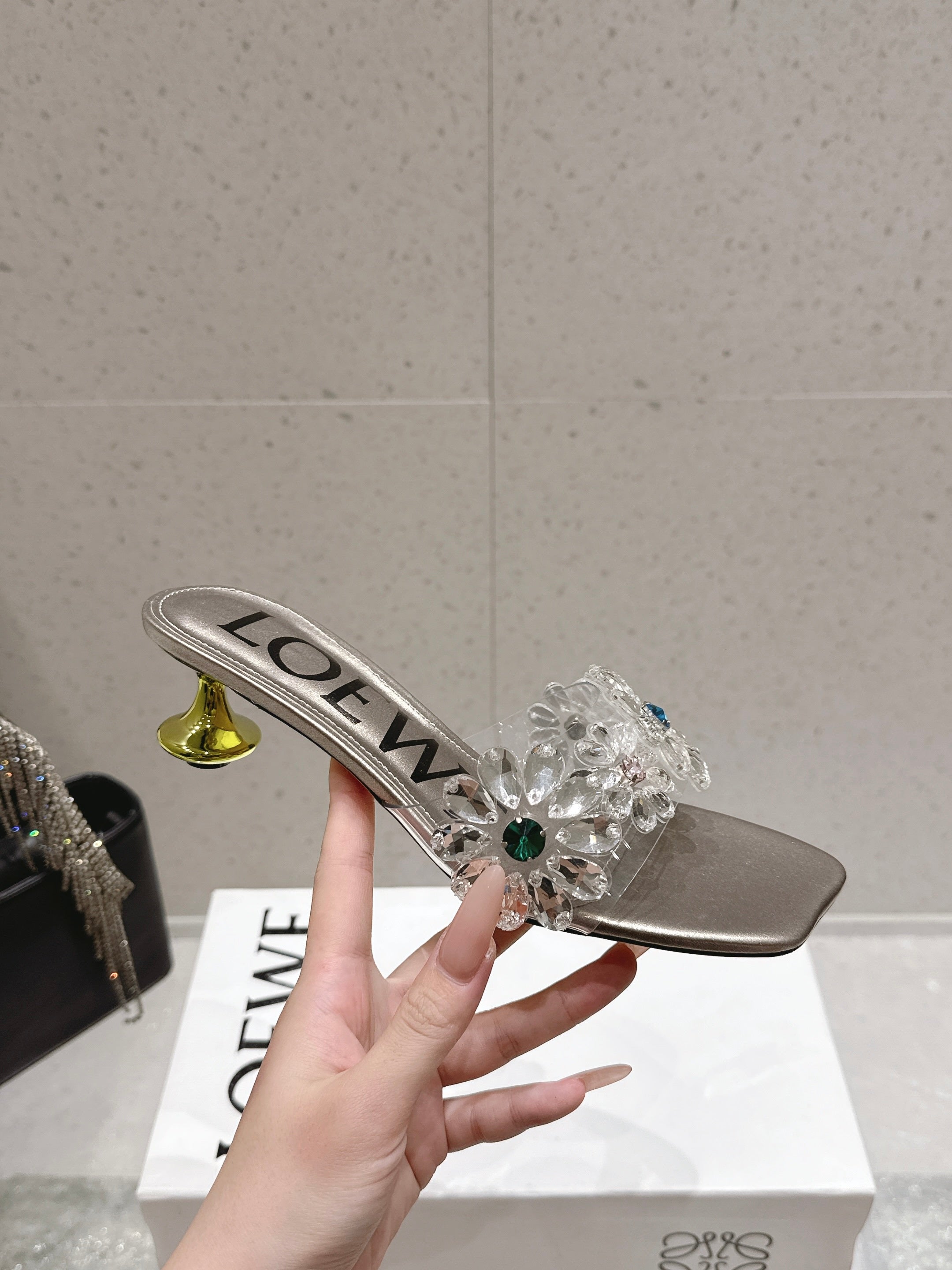 LOEWE 26S MULE HEELS 45MM IN LIGHT GREY PVC WITH CRYSTAL FLORAL