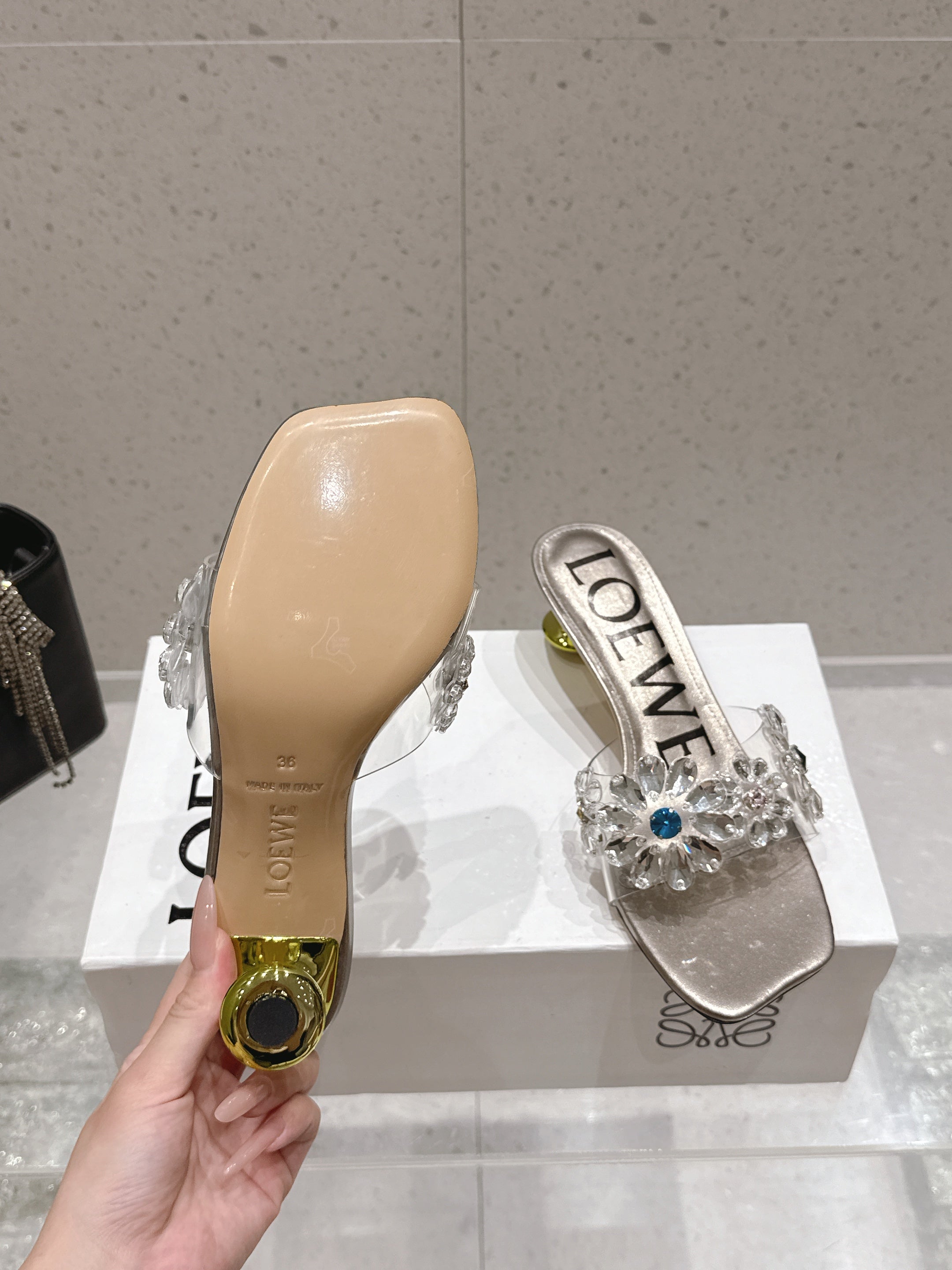 LOEWE 26S MULE HEELS 45MM IN LIGHT GREY PVC WITH CRYSTAL FLORAL