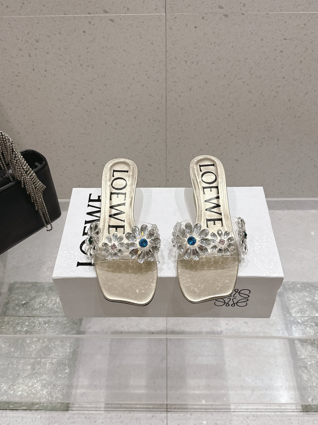LOEWE 26S MULE HEELS 45MM IN GOLD PVC WITH CRYSTAL FLORAL
