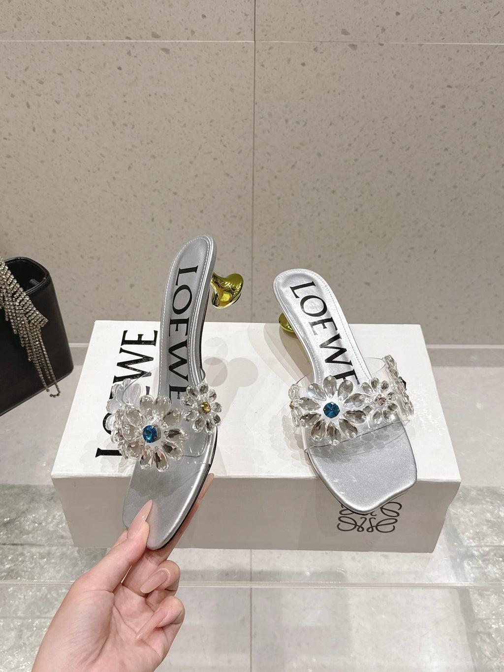 LOEWE 26S MULE HEELS 45MM IN SILVER PVC WITH CRYSTAL FLORAL